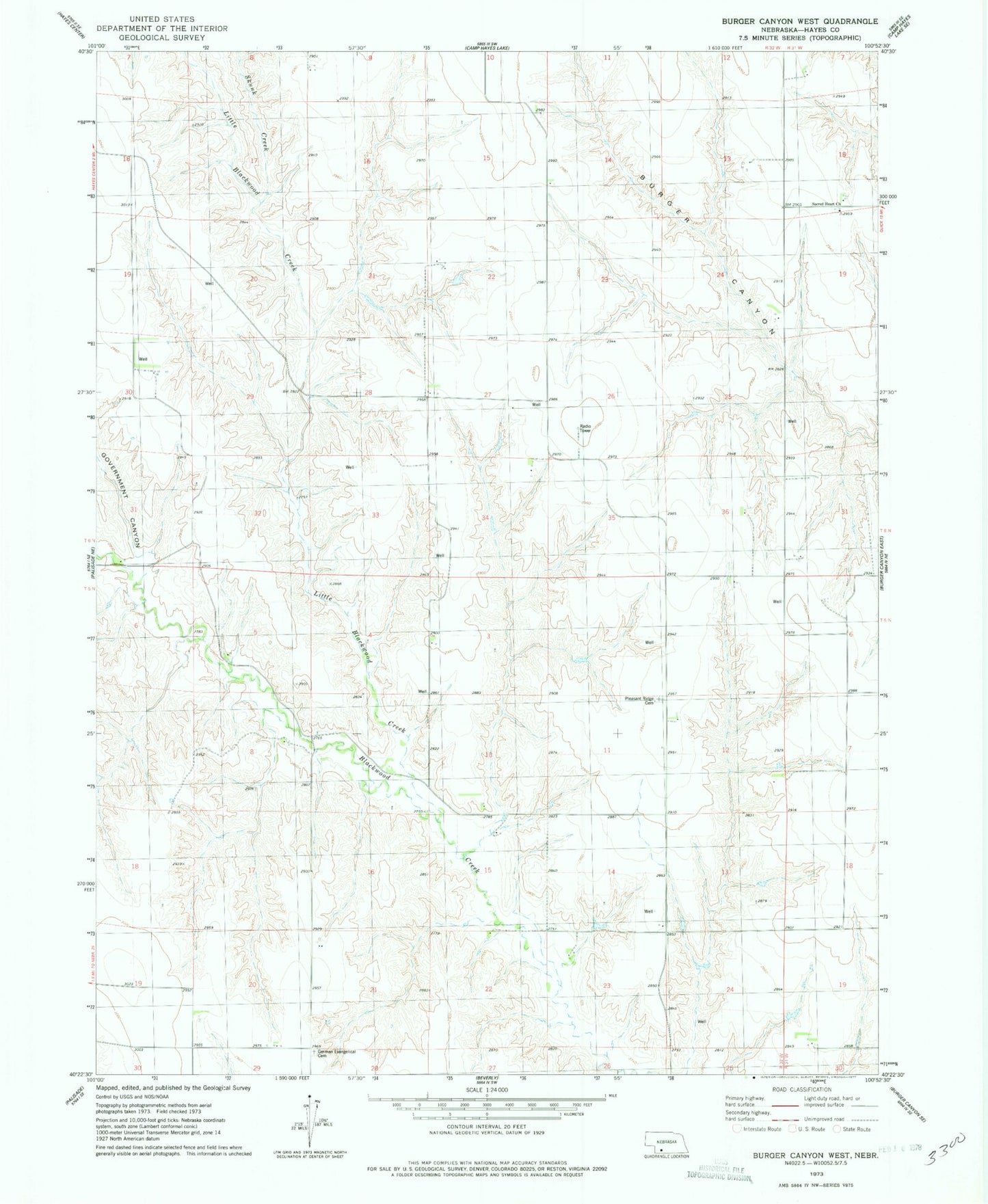 Classic USGS Burger Canyon West Nebraska 7.5'x7.5' Topo Map Image