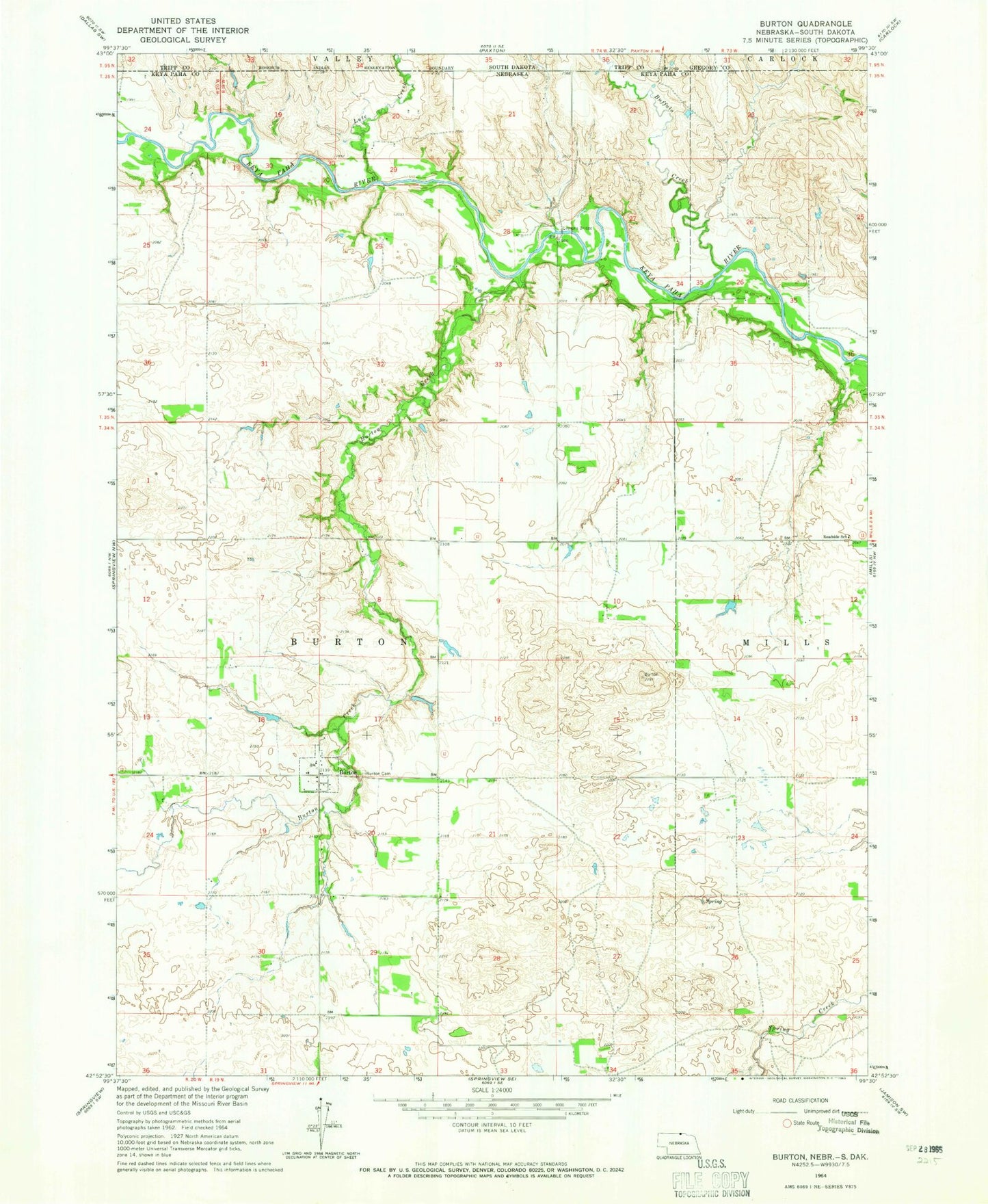 Classic USGS Burton Nebraska 7.5'x7.5' Topo Map Image