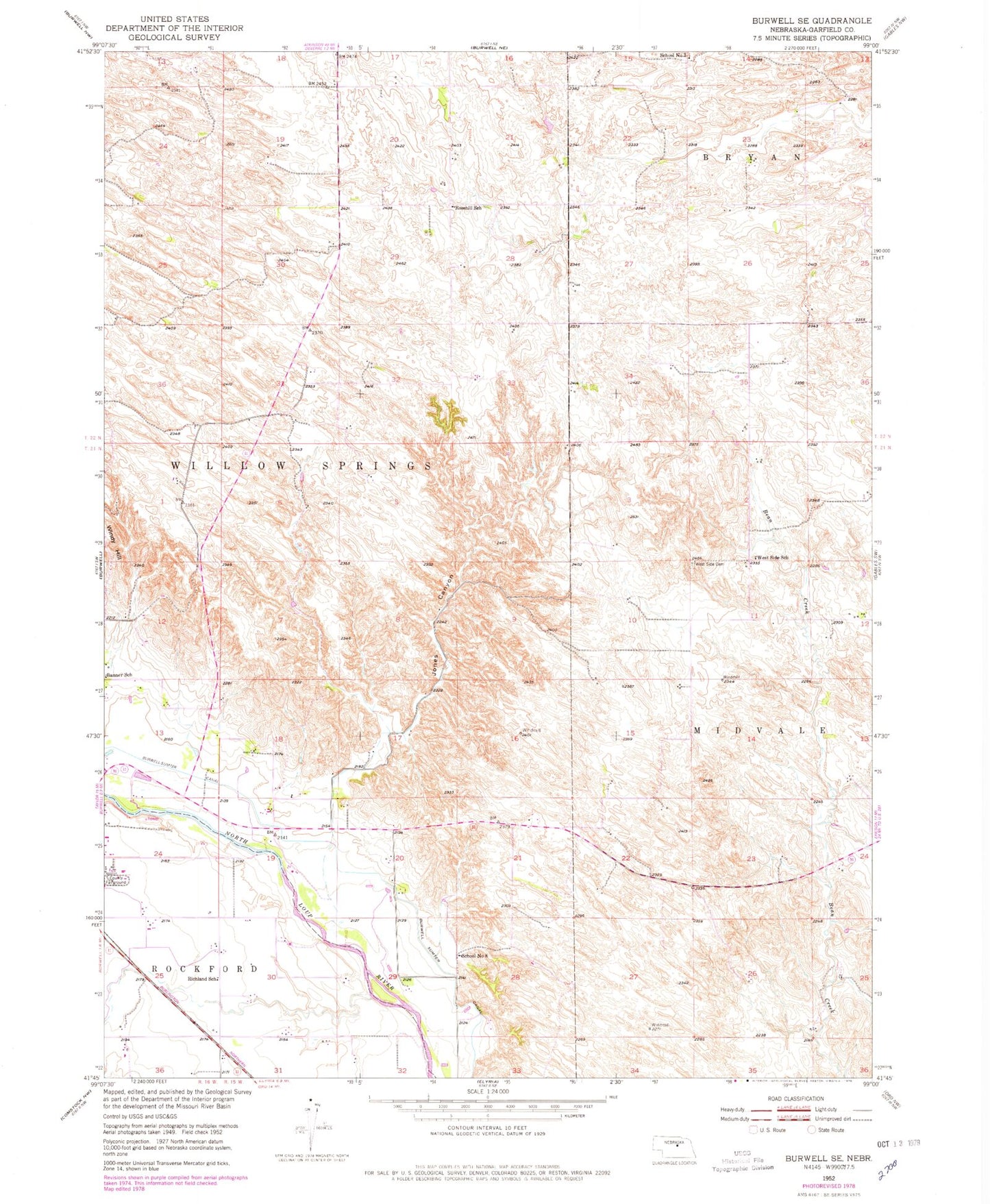 Classic USGS Burwell SE Nebraska 7.5'x7.5' Topo Map Image