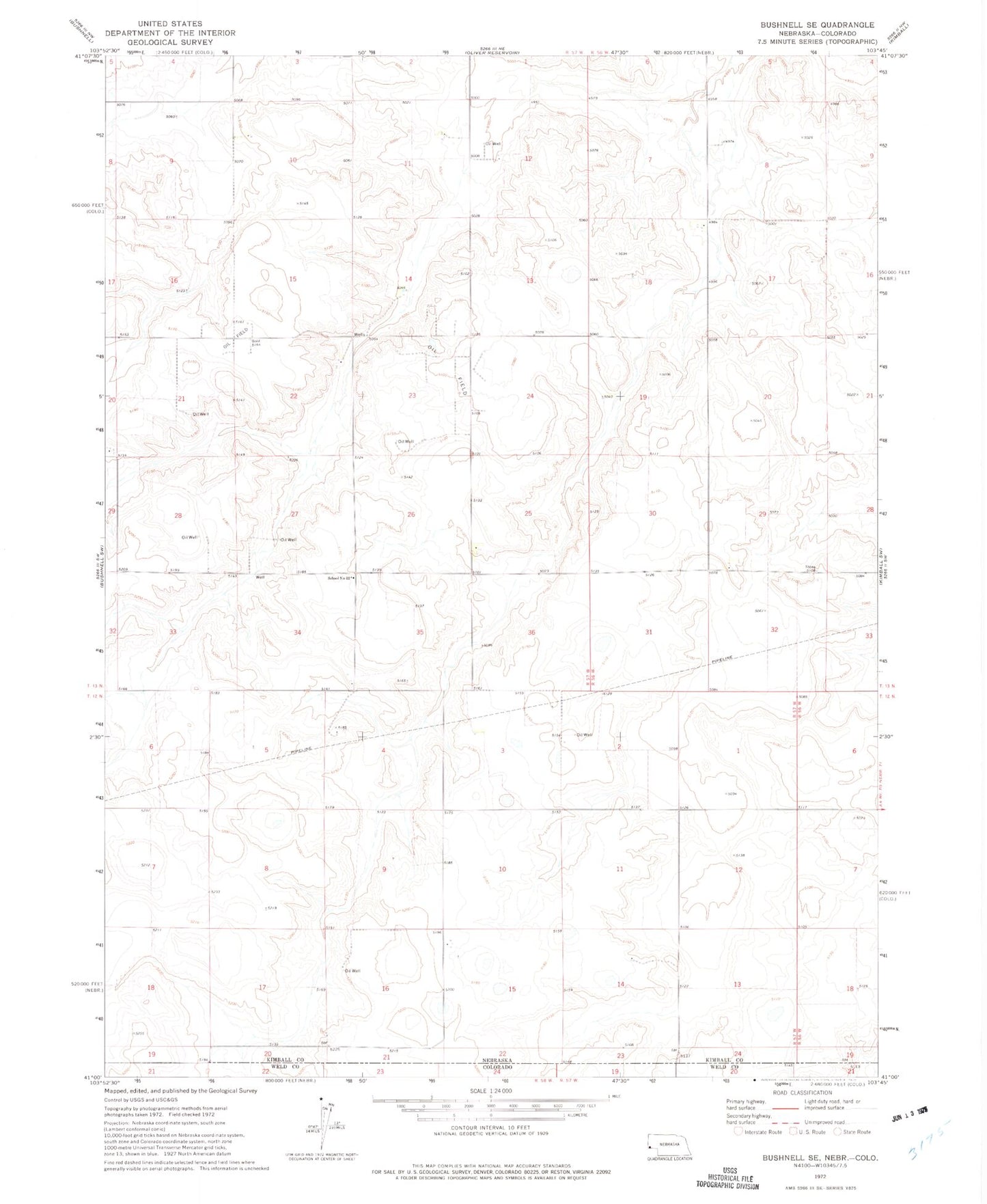 Classic USGS Bushnell SE Nebraska 7.5'x7.5' Topo Map Image