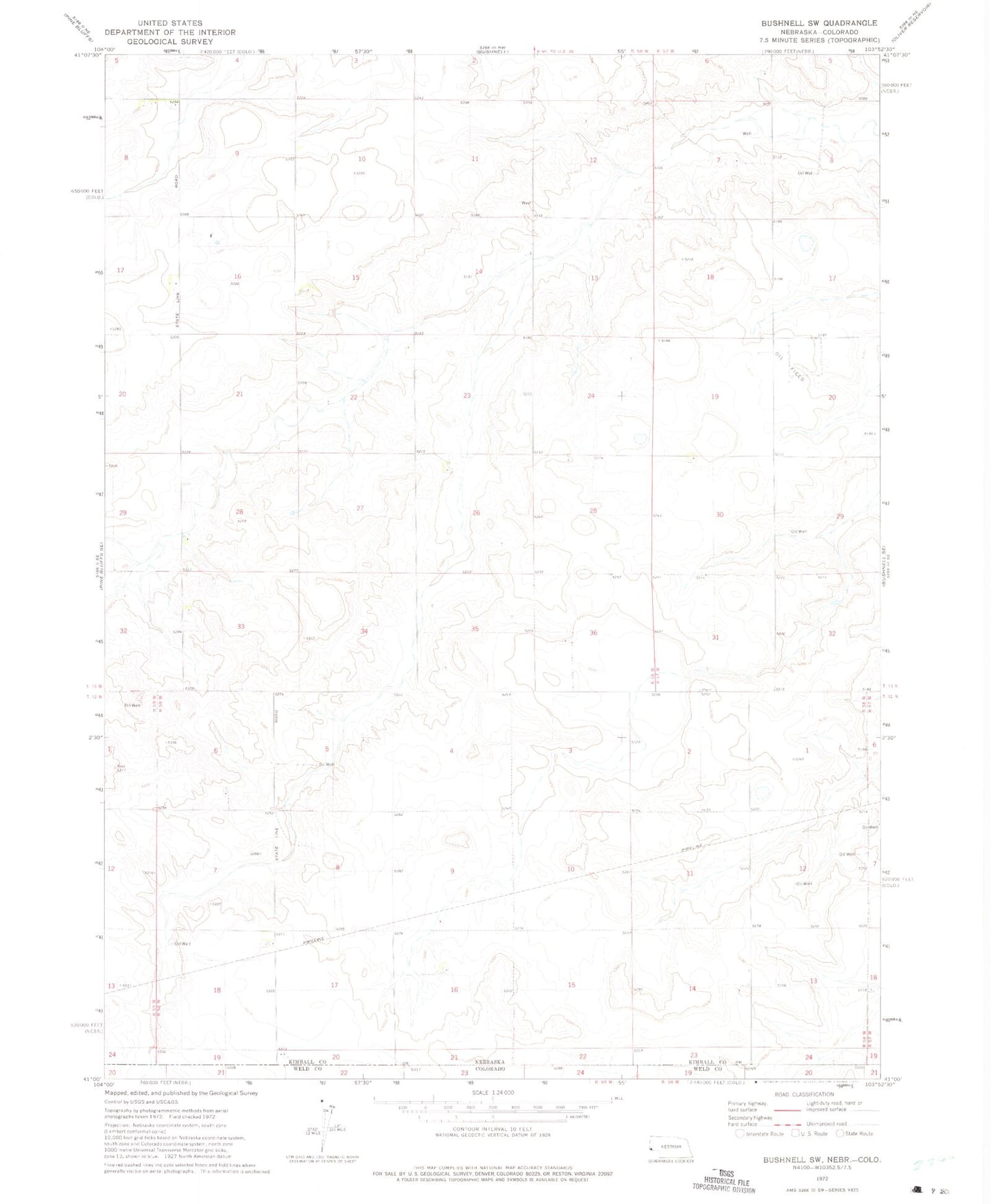 Classic USGS Bushnell SW Nebraska 7.5'x7.5' Topo Map Image