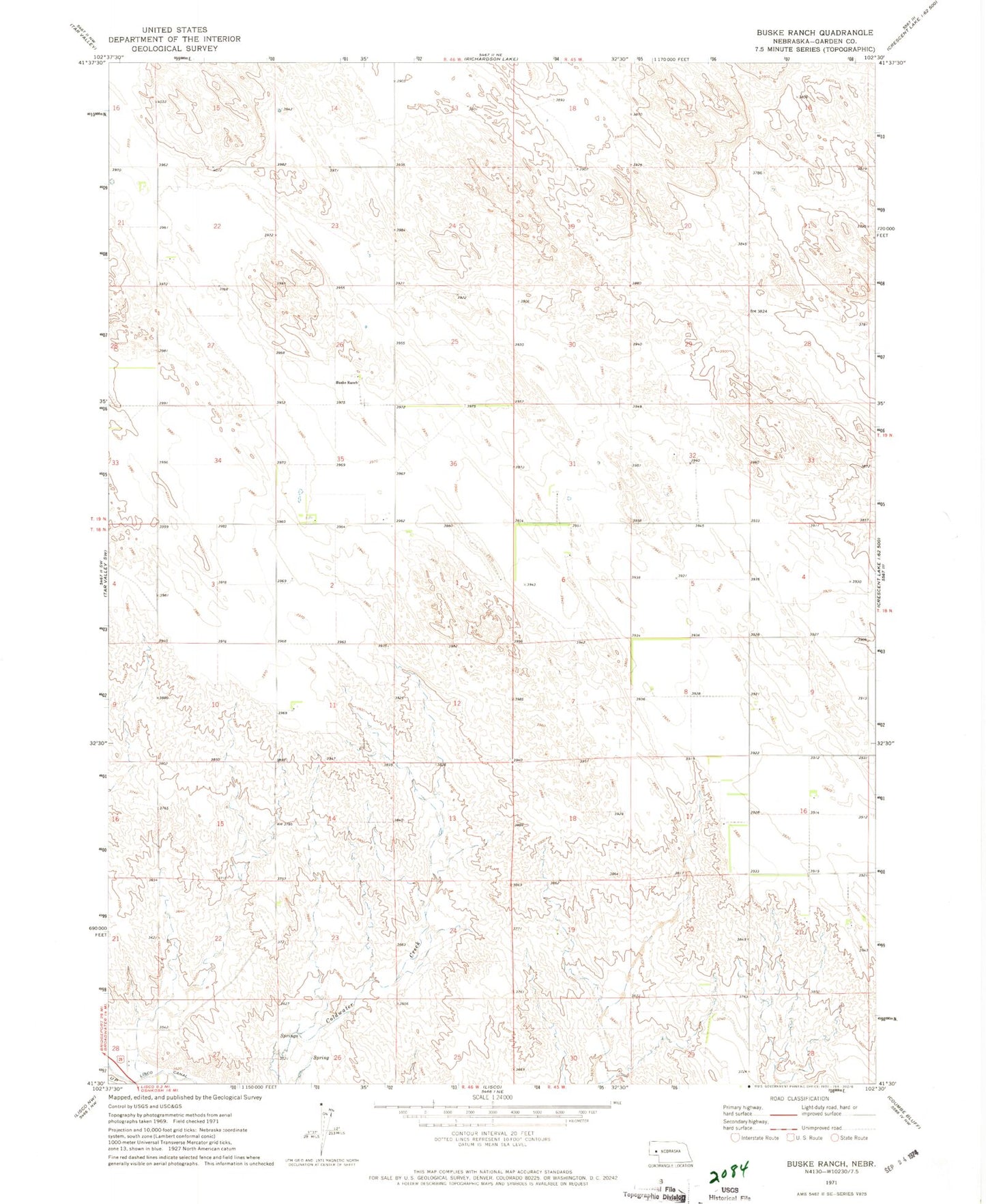 Classic USGS Buske Ranch Nebraska 7.5'x7.5' Topo Map Image