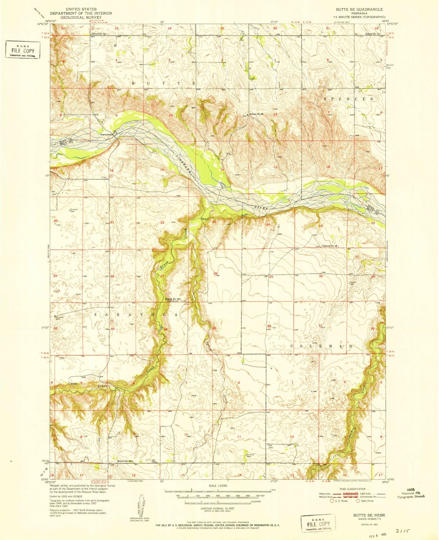 Classic USGS Butte SE Nebraska 7.5'x7.5' Topo Map Image