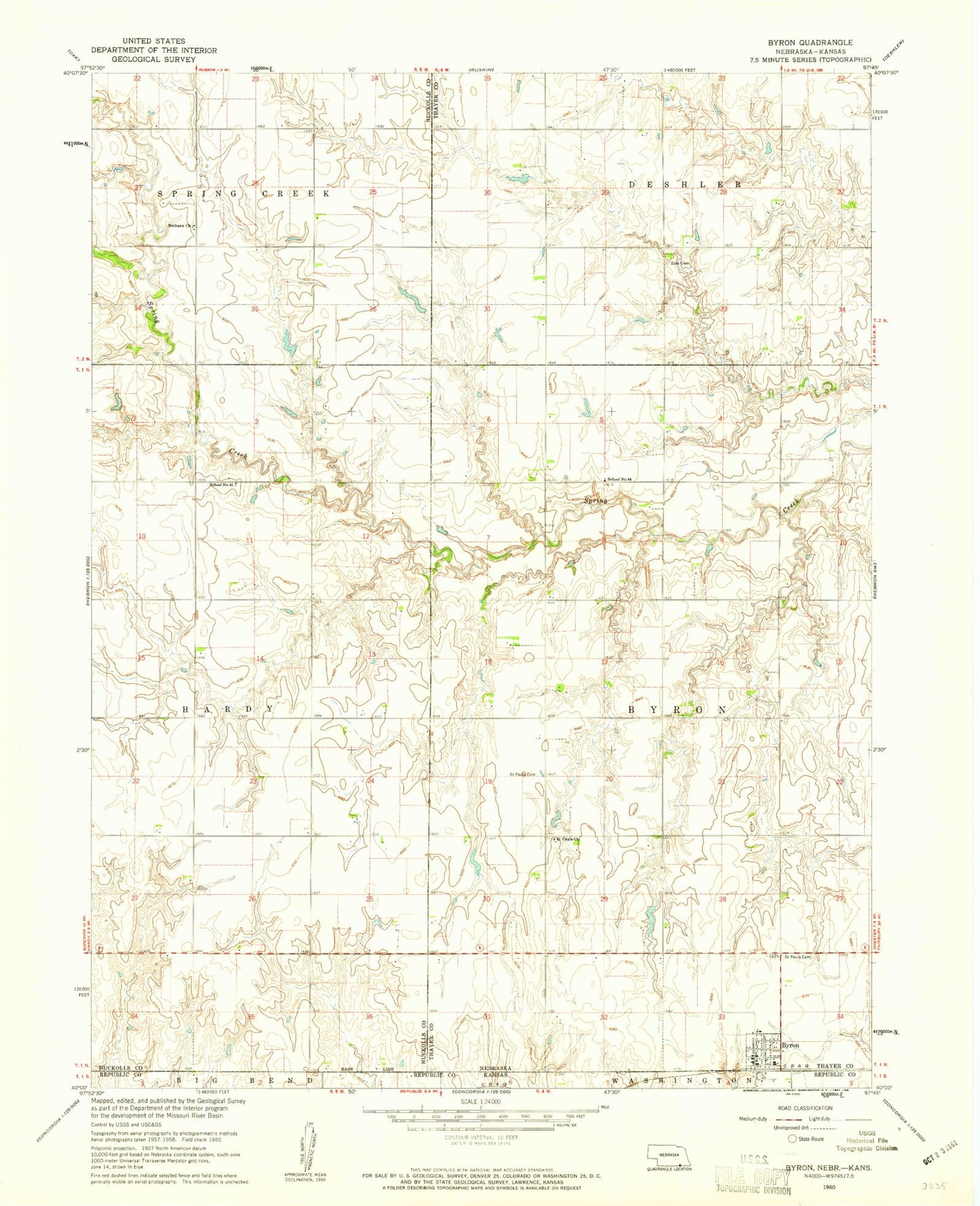 Classic USGS Byron Nebraska 7.5'x7.5' Topo Map Image