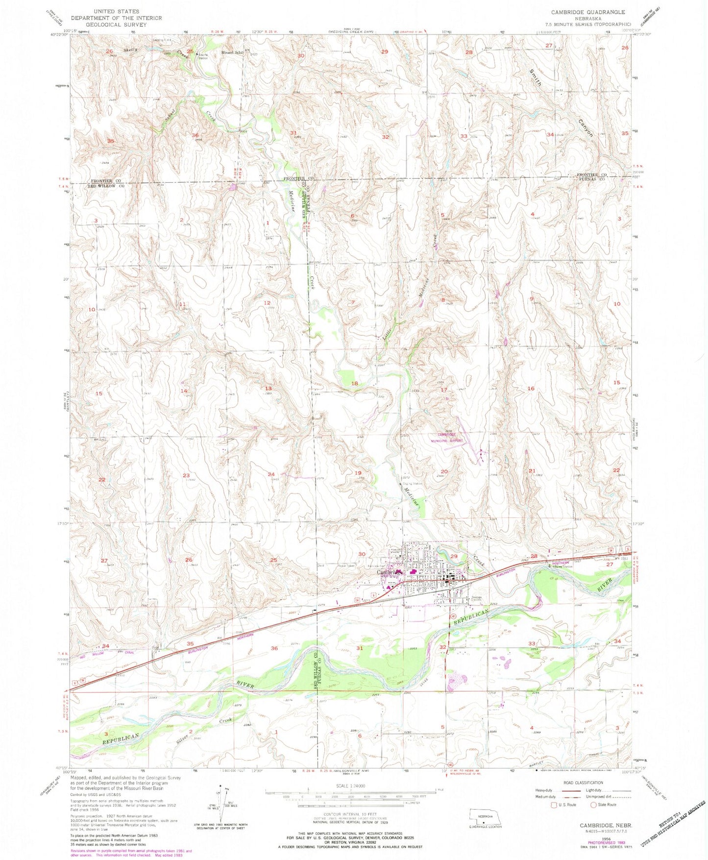 Classic USGS Cambridge Nebraska 7.5'x7.5' Topo Map Image