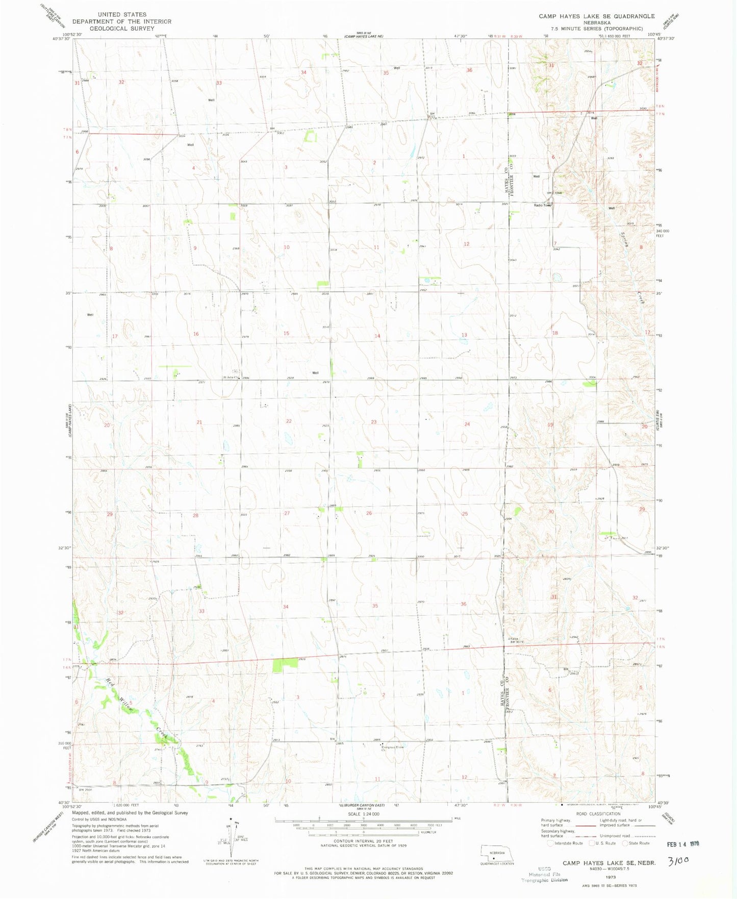 Classic USGS Camp Hayes Lake SE Nebraska 7.5'x7.5' Topo Map Image