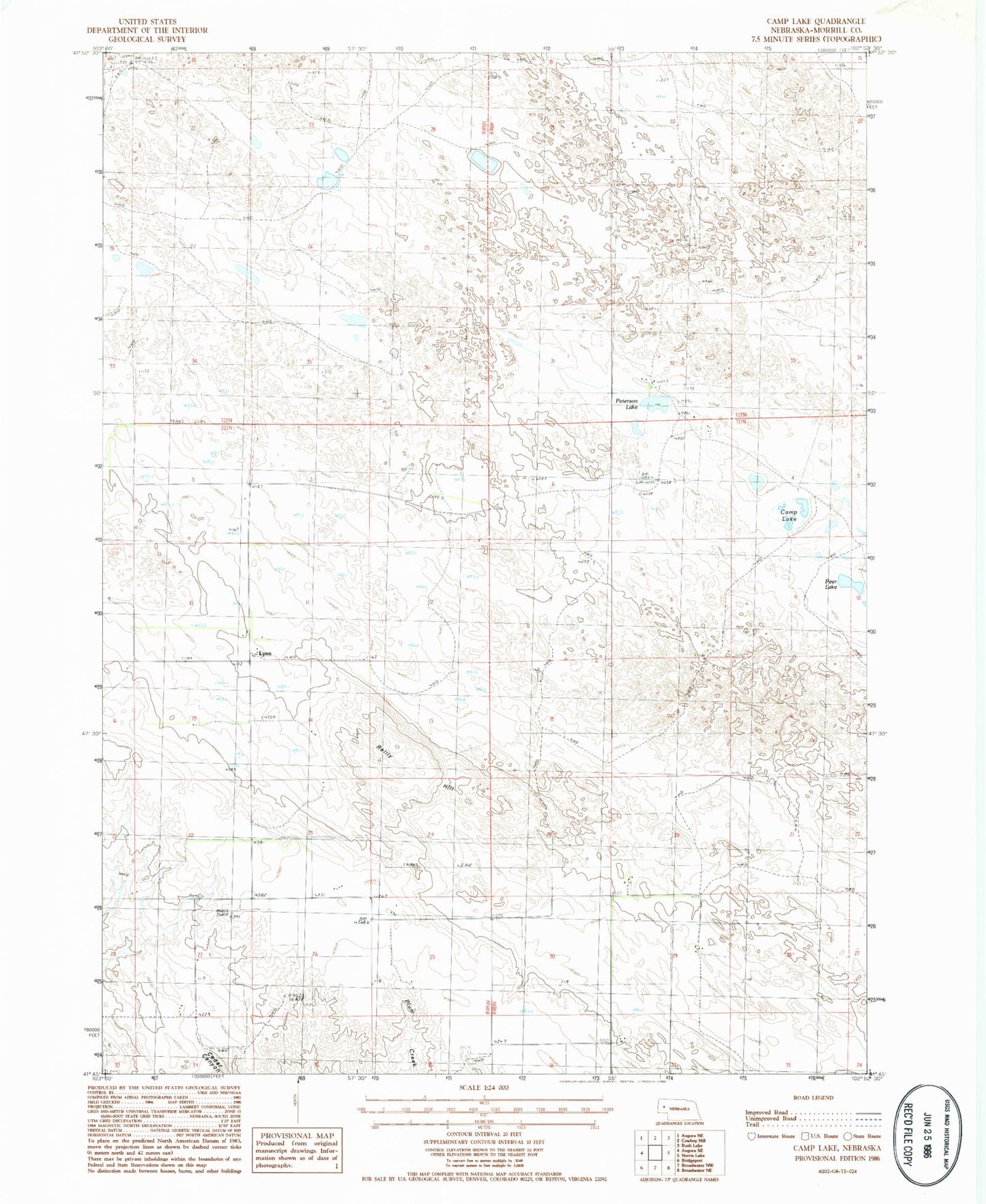 Classic USGS Camp Lake Nebraska 7.5'x7.5' Topo Map Image