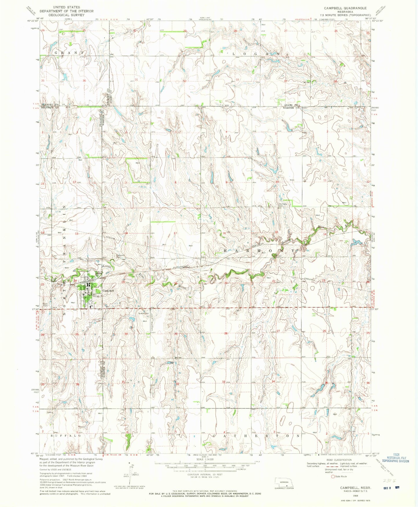 Classic USGS Campbell Nebraska 7.5'x7.5' Topo Map Image
