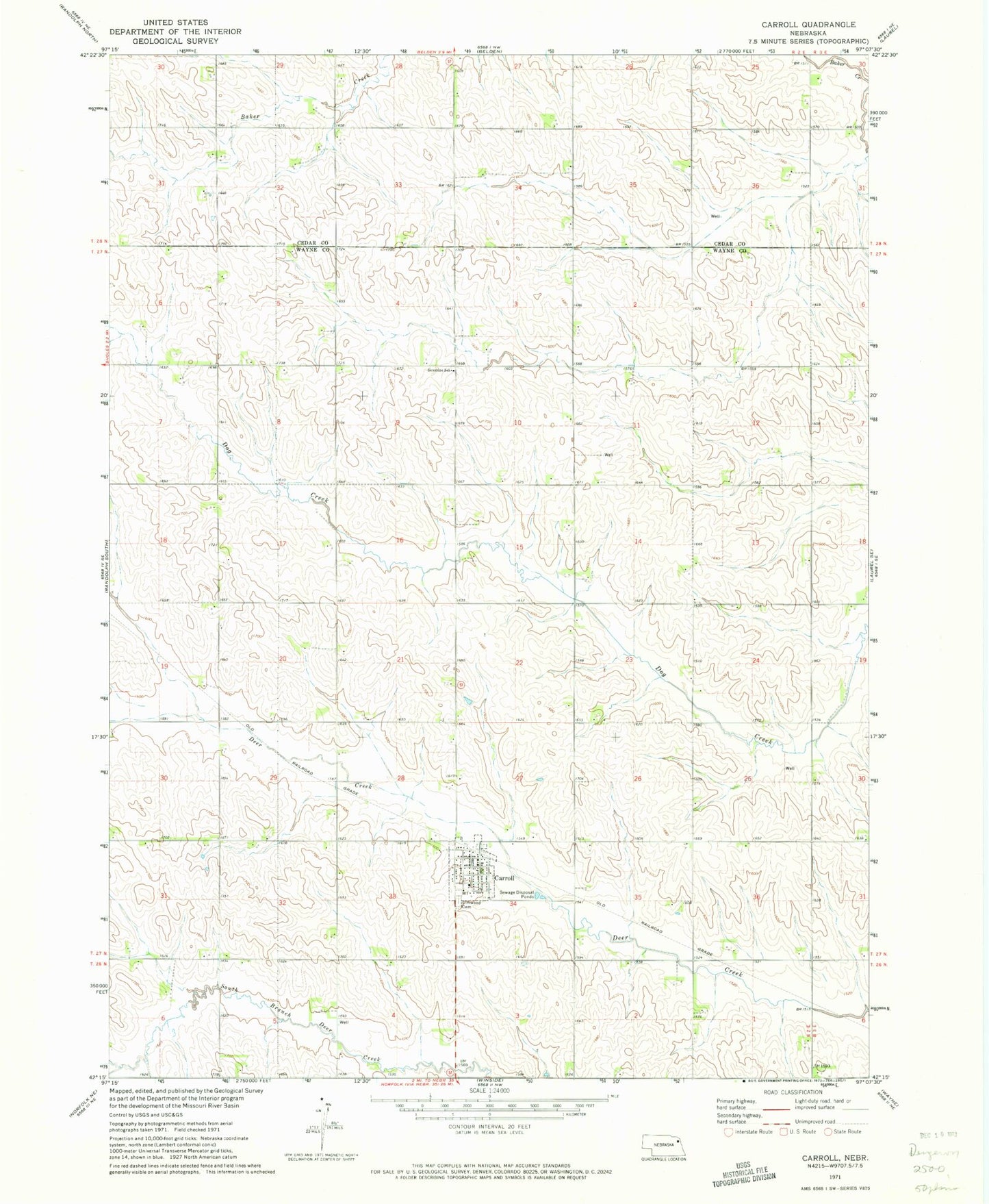 Classic USGS Carroll Nebraska 7.5'x7.5' Topo Map Image
