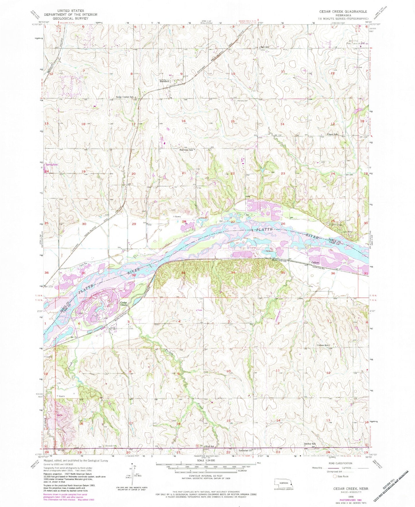 Classic USGS Cedar Creek Nebraska 7.5'x7.5' Topo Map Image