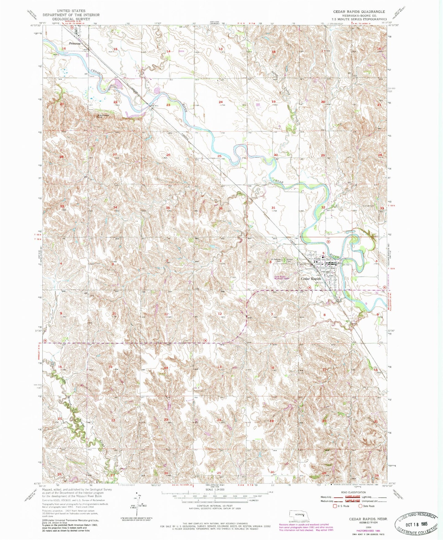 Classic USGS Cedar Rapids Nebraska 7.5'x7.5' Topo Map Image