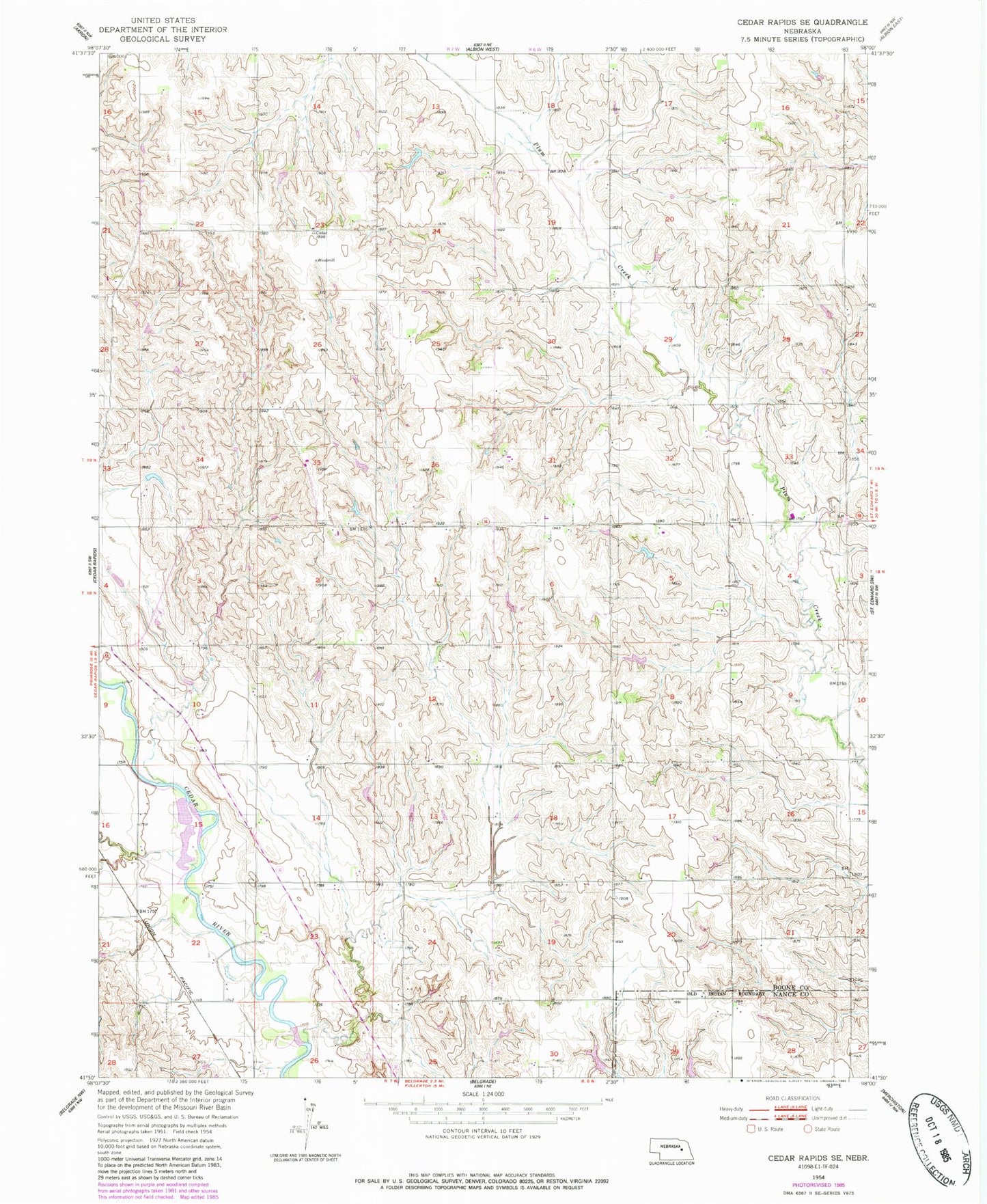 Classic USGS Cedar Rapids SE Nebraska 7.5'x7.5' Topo Map Image