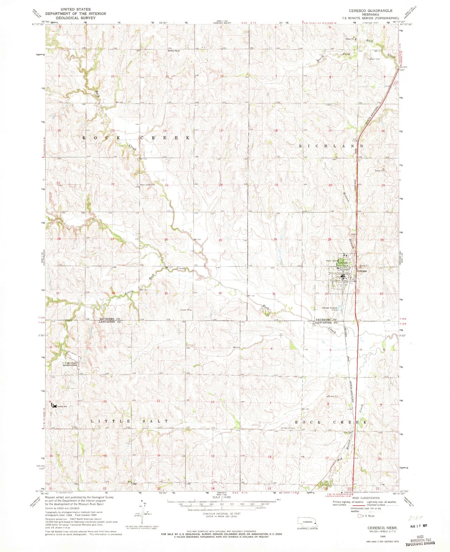 Classic USGS Ceresco Nebraska 7.5'x7.5' Topo Map Image
