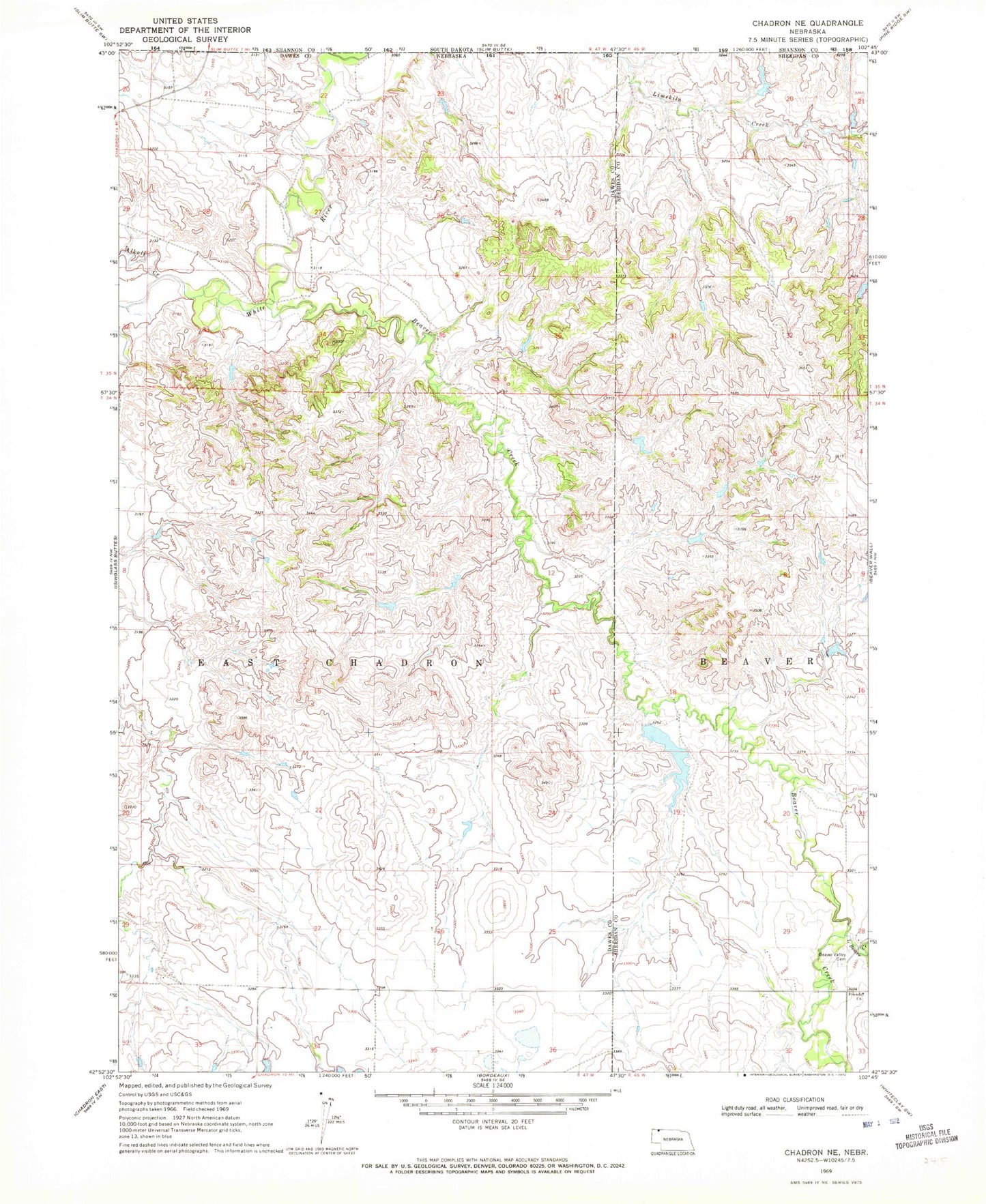 Classic USGS Chadron NE Nebraska 7.5'x7.5' Topo Map Image