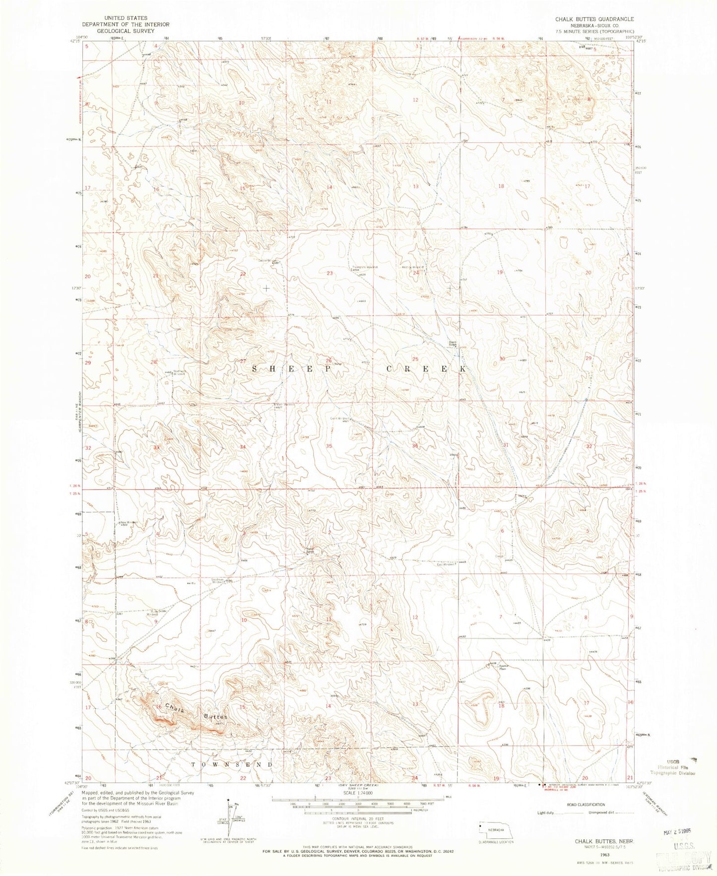 Classic USGS Chalk Buttes Nebraska 7.5'x7.5' Topo Map Image