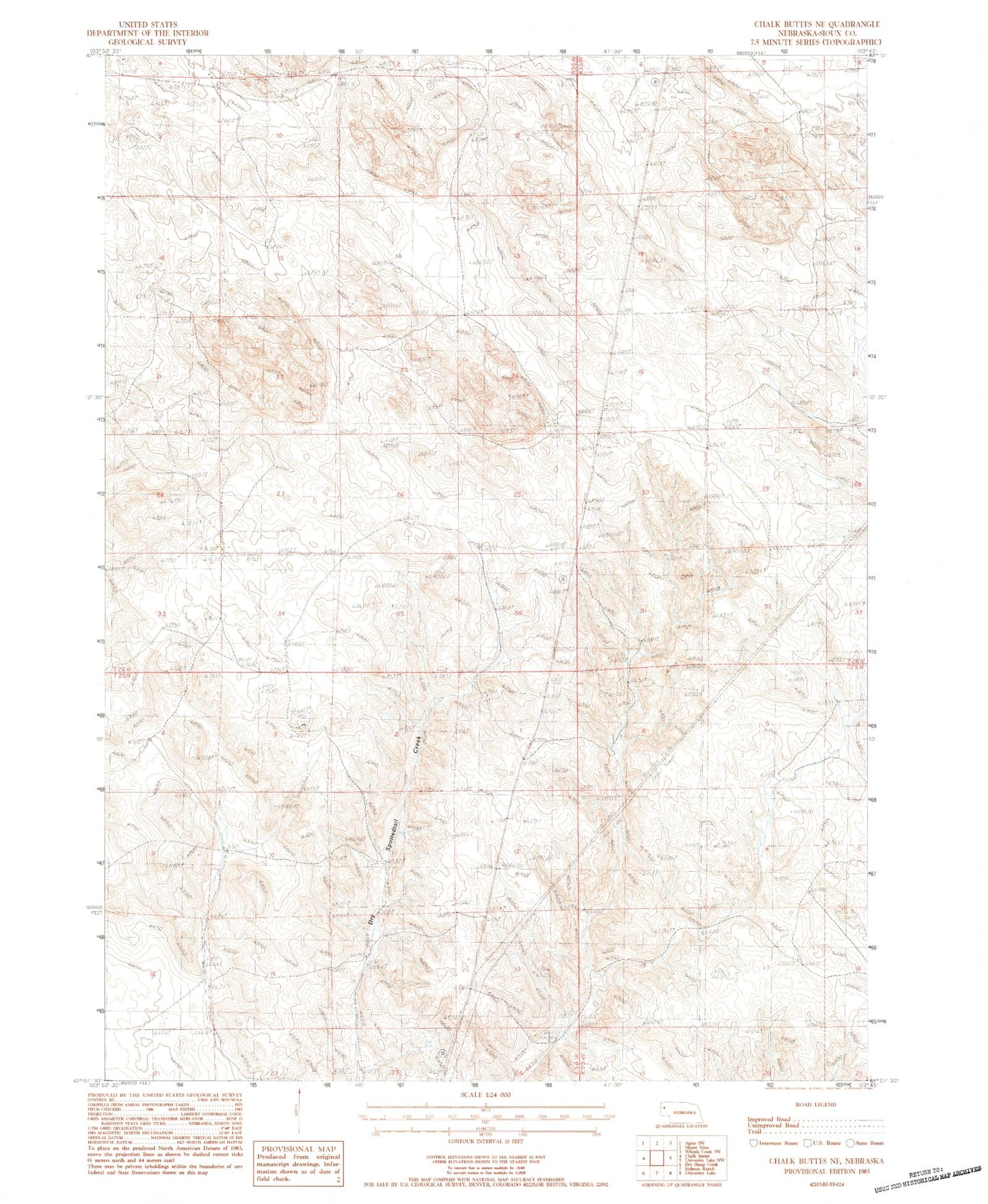 Classic USGS Chalk Buttes NE Nebraska 7.5'x7.5' Topo Map Image