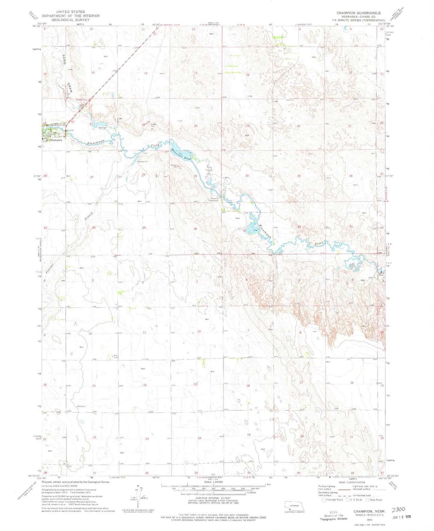 Classic USGS Champion Nebraska 7.5'x7.5' Topo Map Image