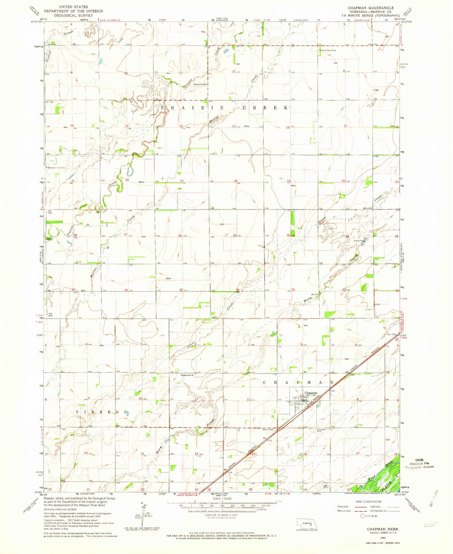 Classic USGS Chapman Nebraska 7.5'x7.5' Topo Map Image