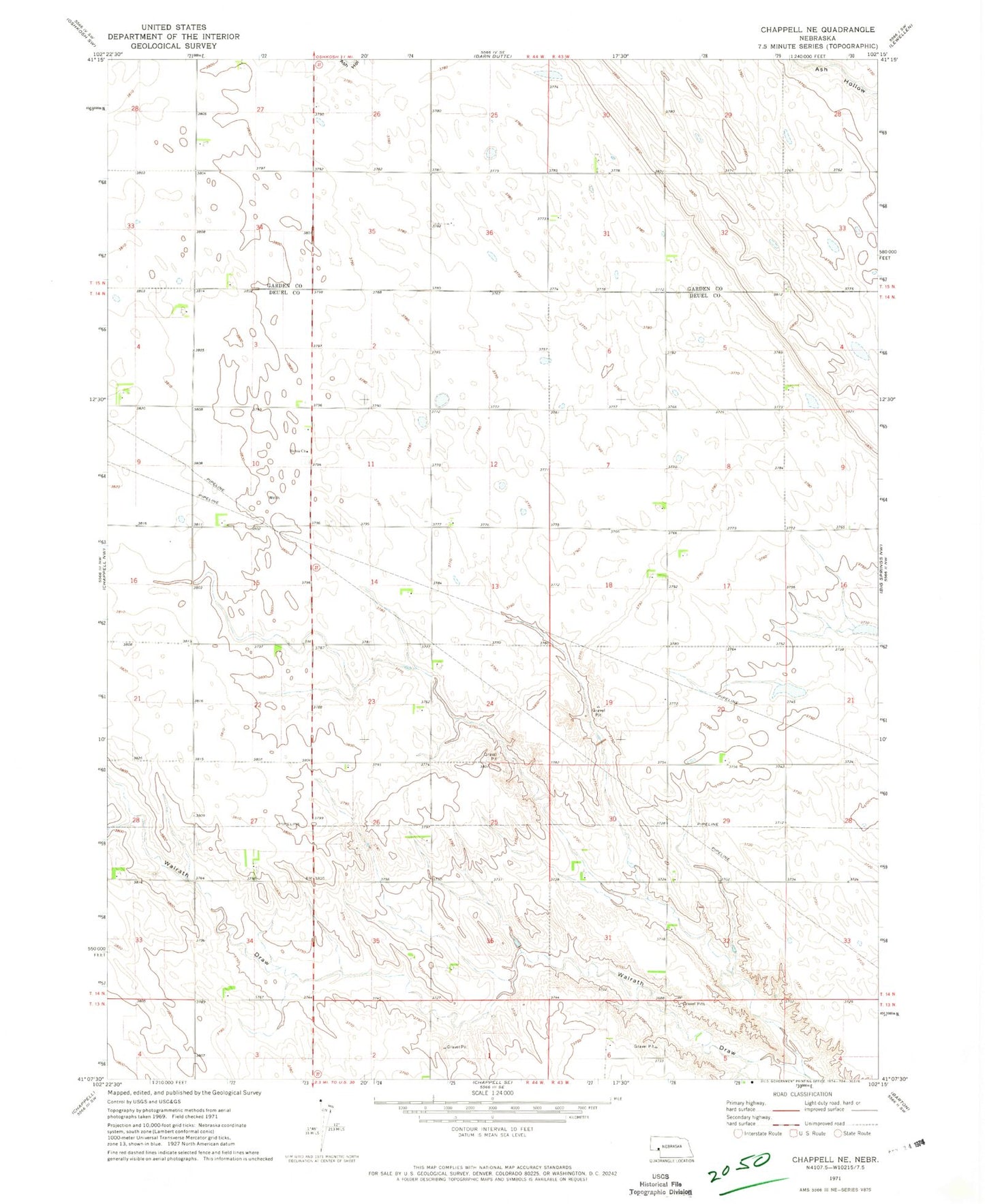 Classic USGS Chappell NE Nebraska 7.5'x7.5' Topo Map Image