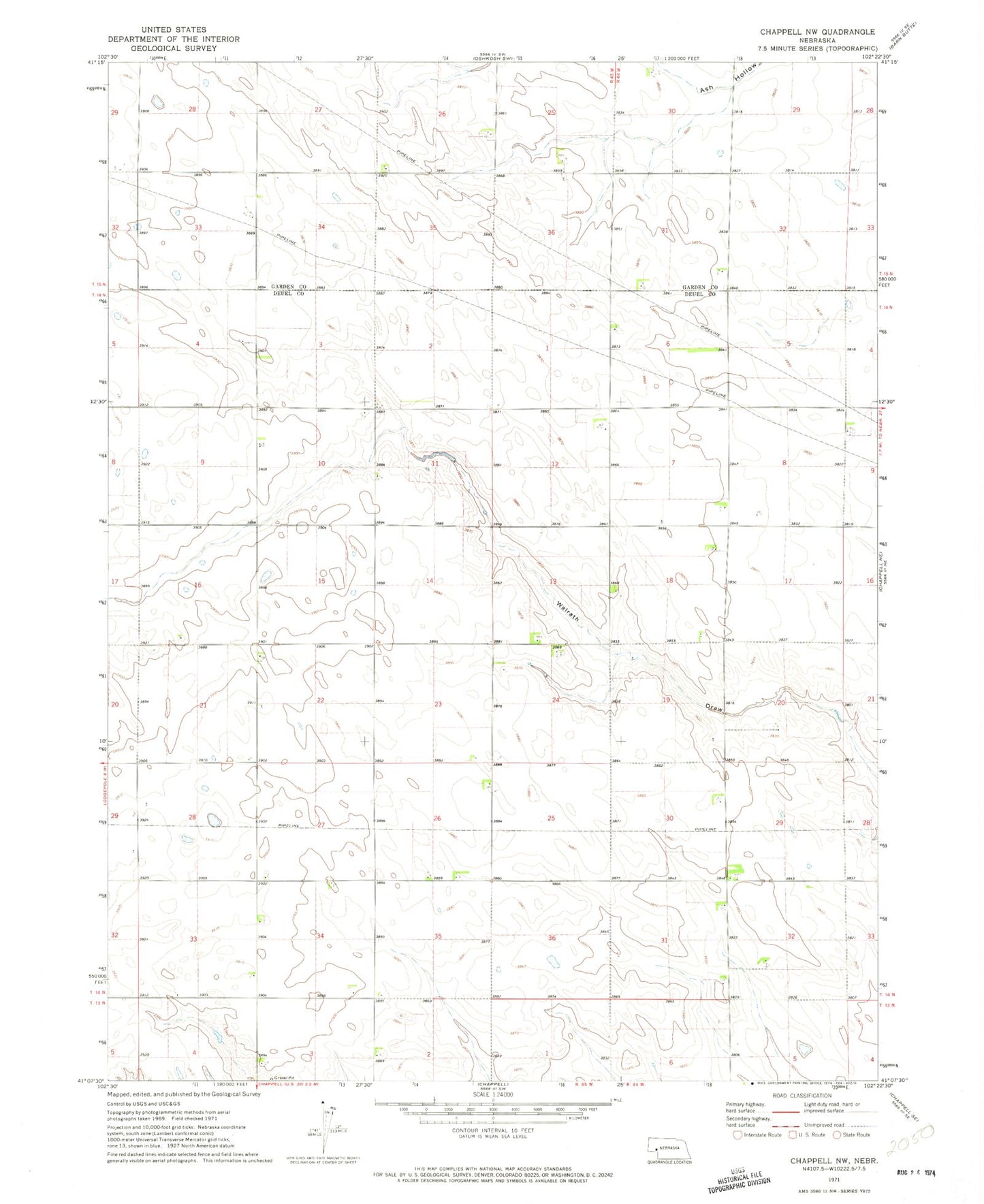 Classic USGS Chappell NW Nebraska 7.5'x7.5' Topo Map Image