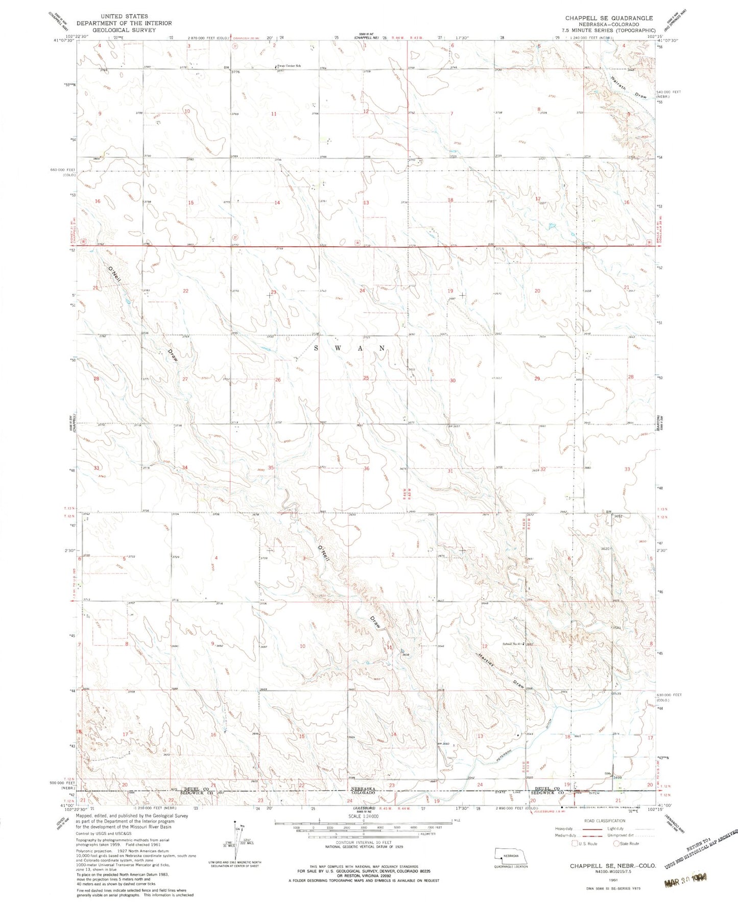 Classic USGS Chappell SE Nebraska 7.5'x7.5' Topo Map Image