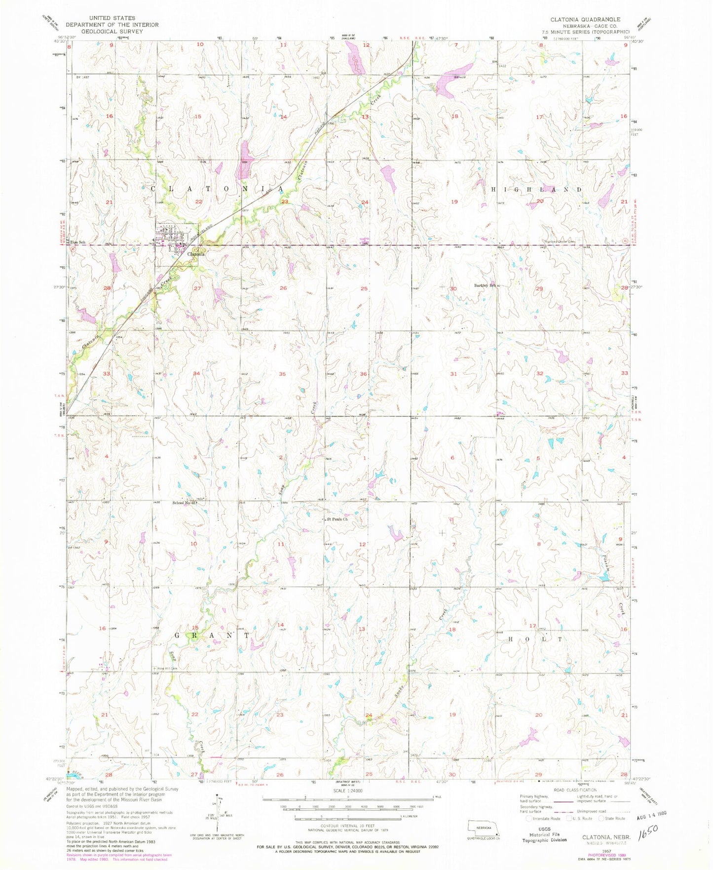 Classic USGS Clatonia Nebraska 7.5'x7.5' Topo Map Image