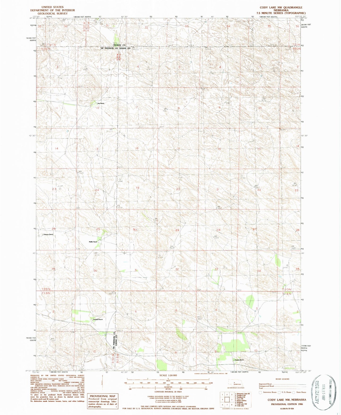 Classic USGS Cody Lake NW Nebraska 7.5'x7.5' Topo Map Image