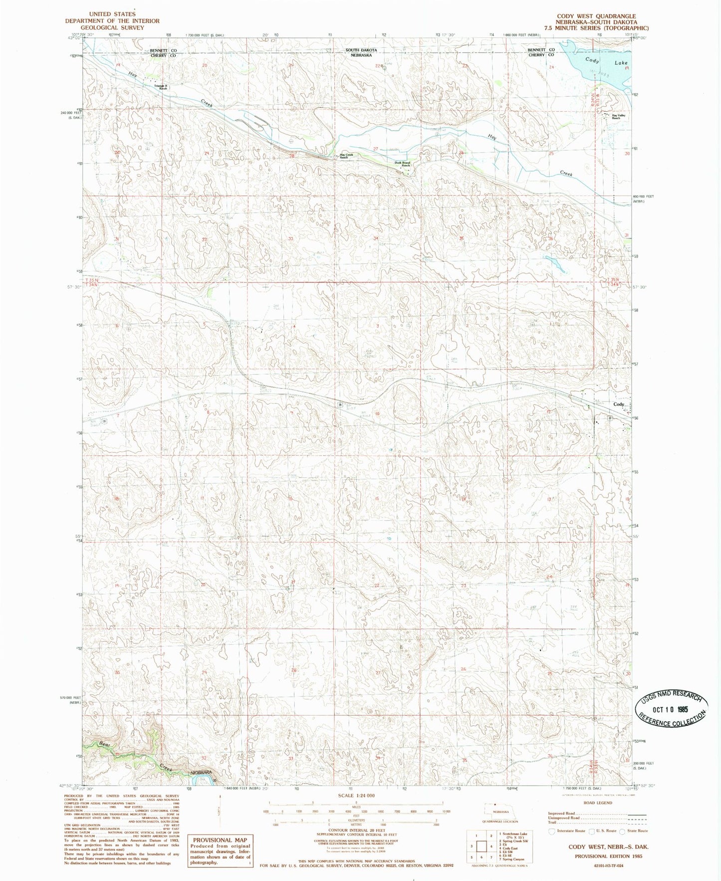 Classic USGS Cody West Nebraska 7.5'x7.5' Topo Map Image