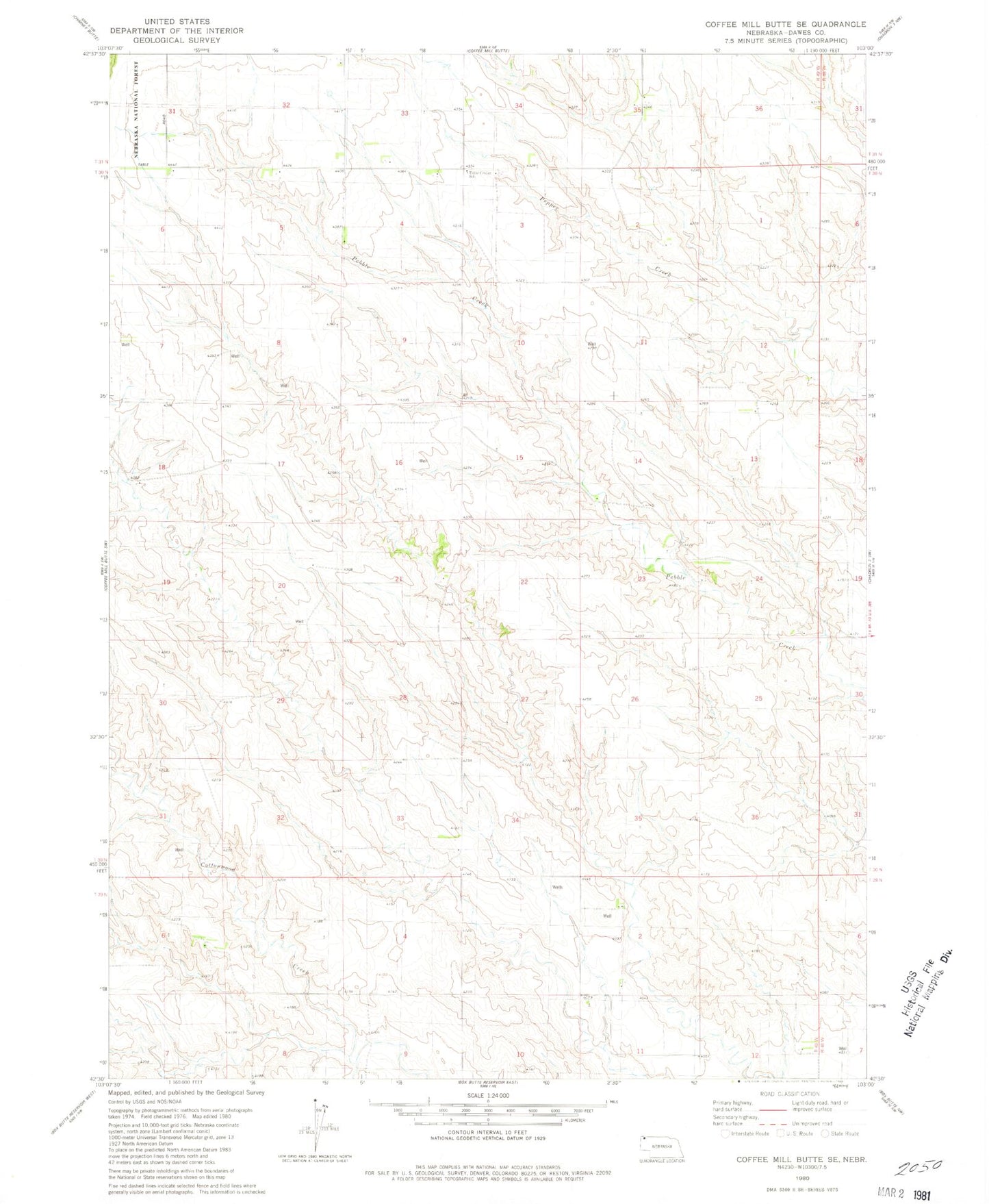 Classic USGS Coffee Mill Butte SE Nebraska 7.5'x7.5' Topo Map Image