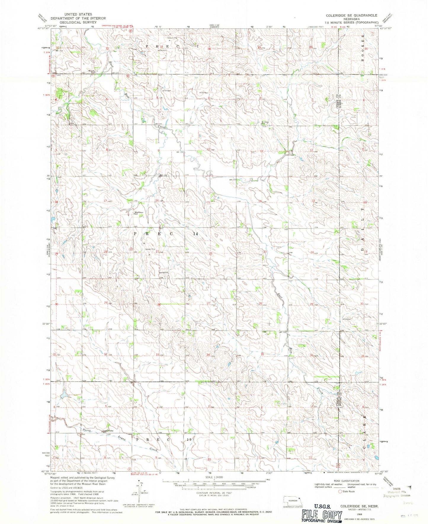 Classic USGS Coleridge SE Nebraska 7.5'x7.5' Topo Map Image