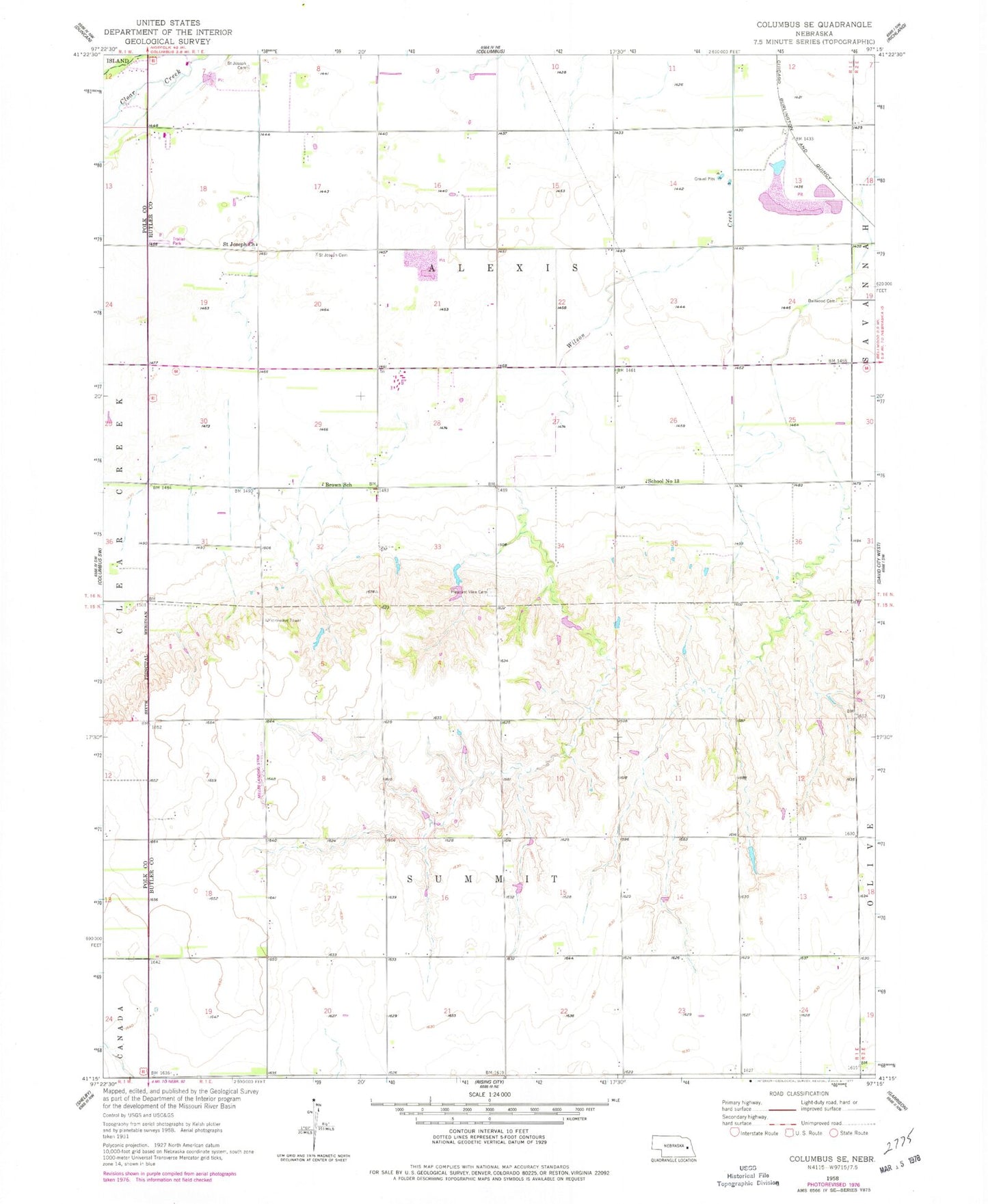 Classic USGS Columbus SE Nebraska 7.5'x7.5' Topo Map Image