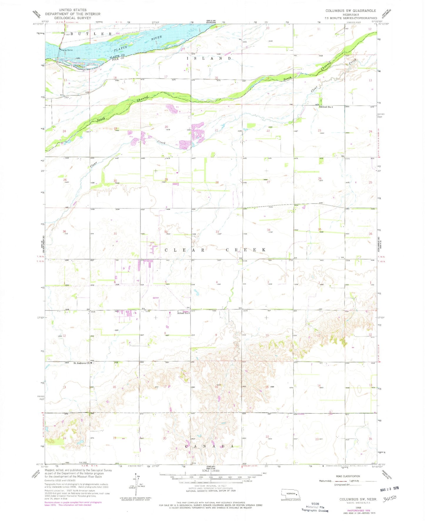 Classic USGS Columbus SW Nebraska 7.5'x7.5' Topo Map Image