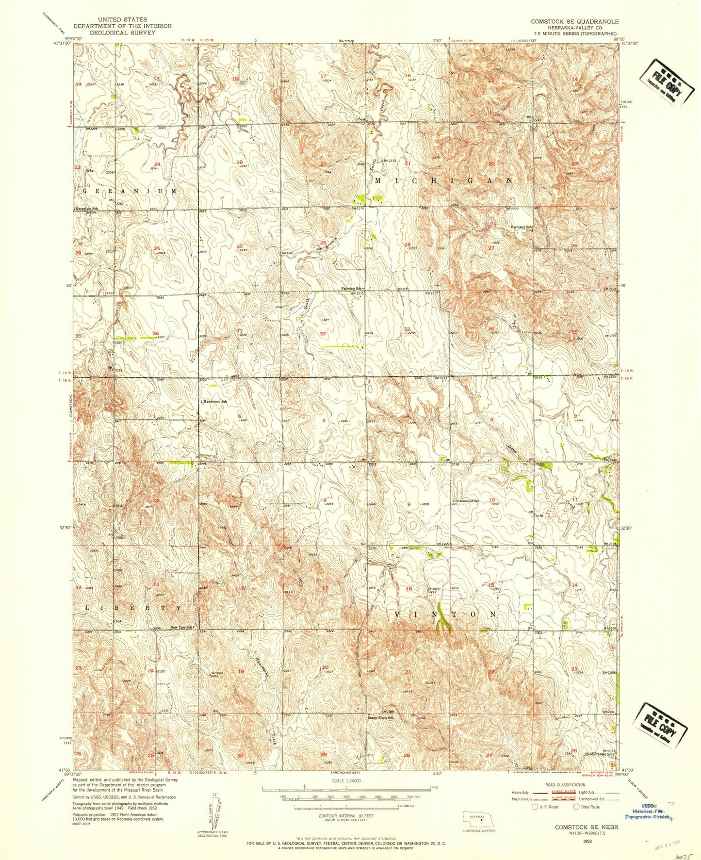 Classic USGS Comstock SE Nebraska 7.5'x7.5' Topo Map Image