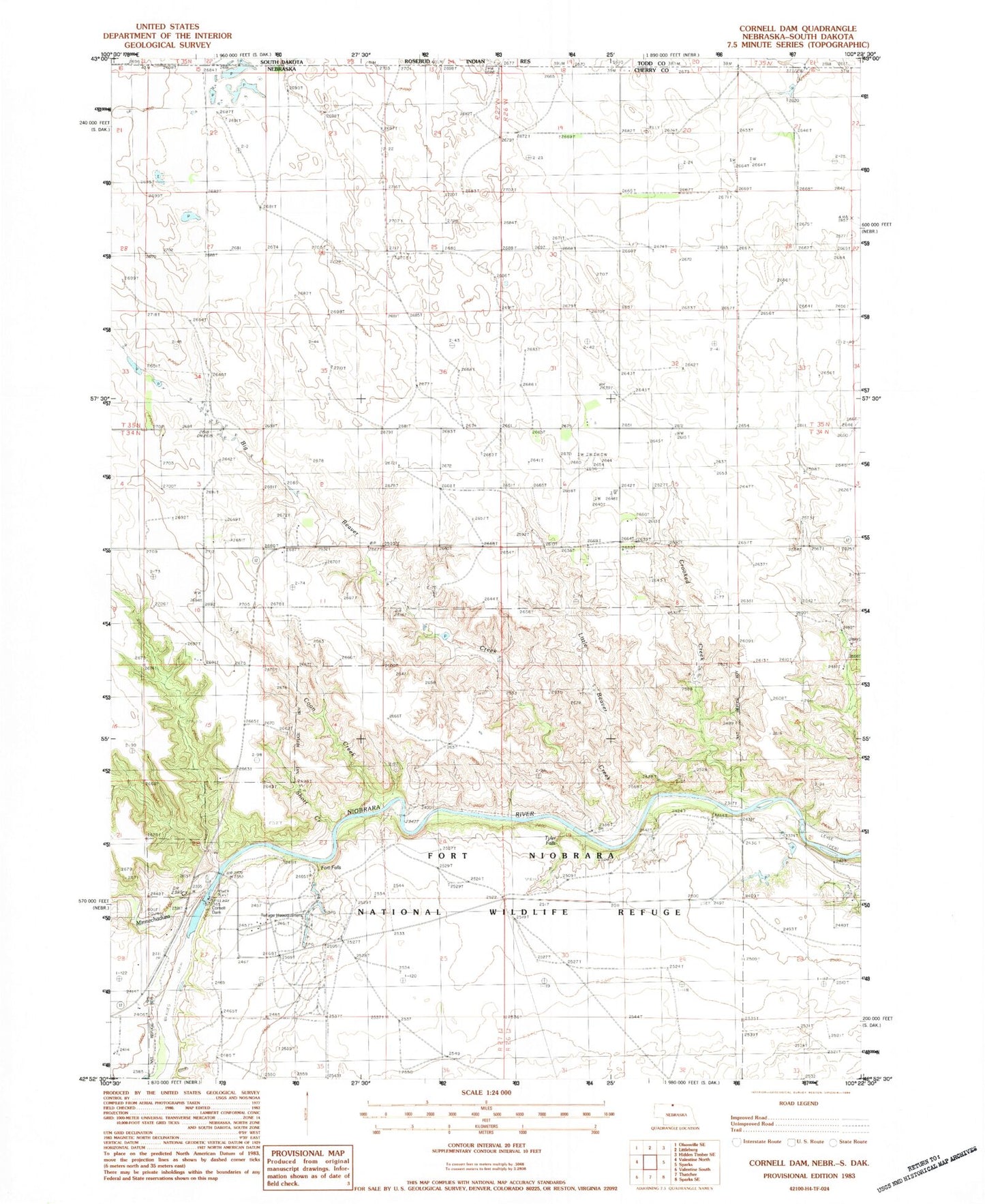 Classic USGS Cornell Dam Nebraska 7.5'x7.5' Topo Map Image