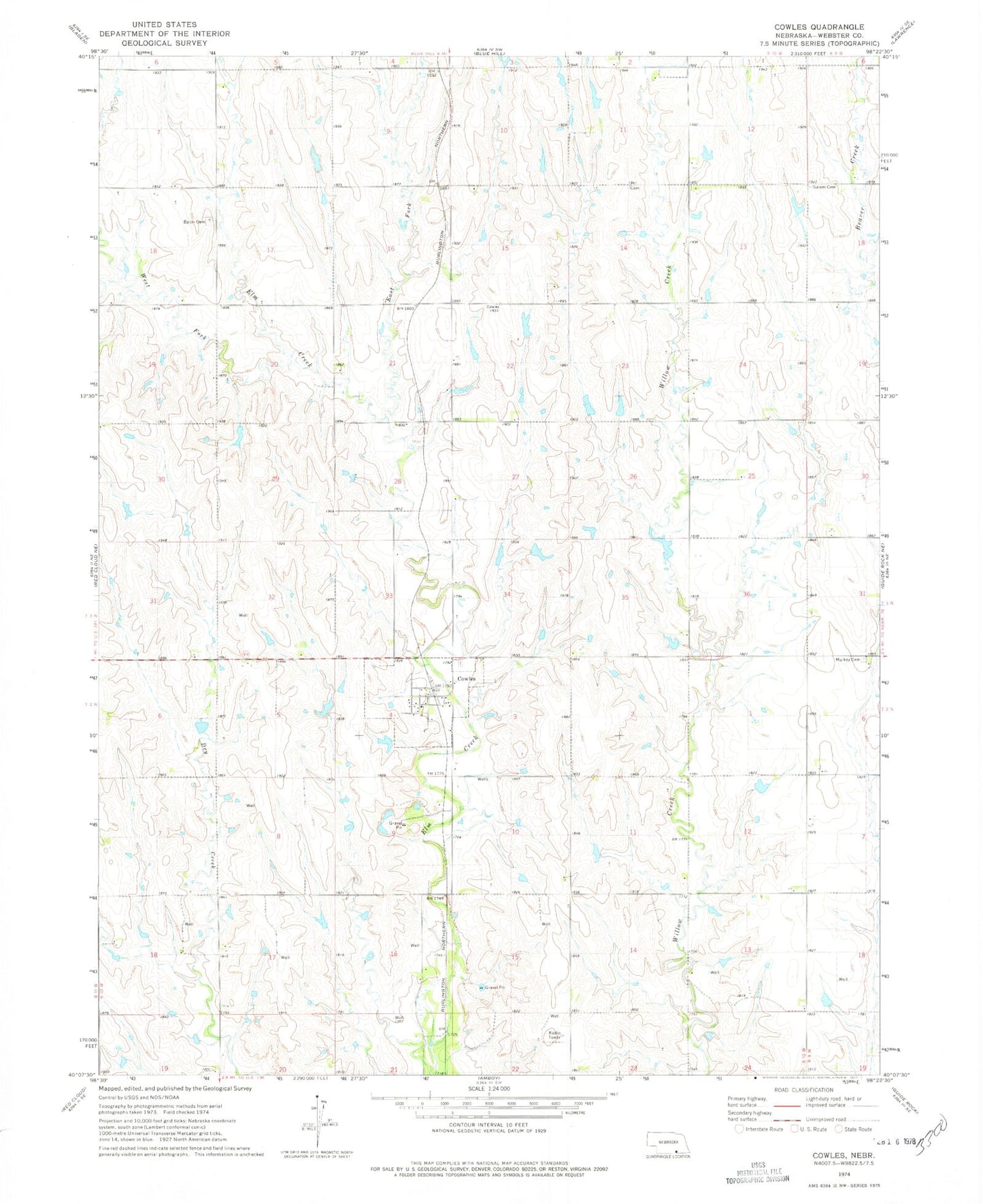 Classic USGS Cowles Nebraska 7.5'x7.5' Topo Map Image