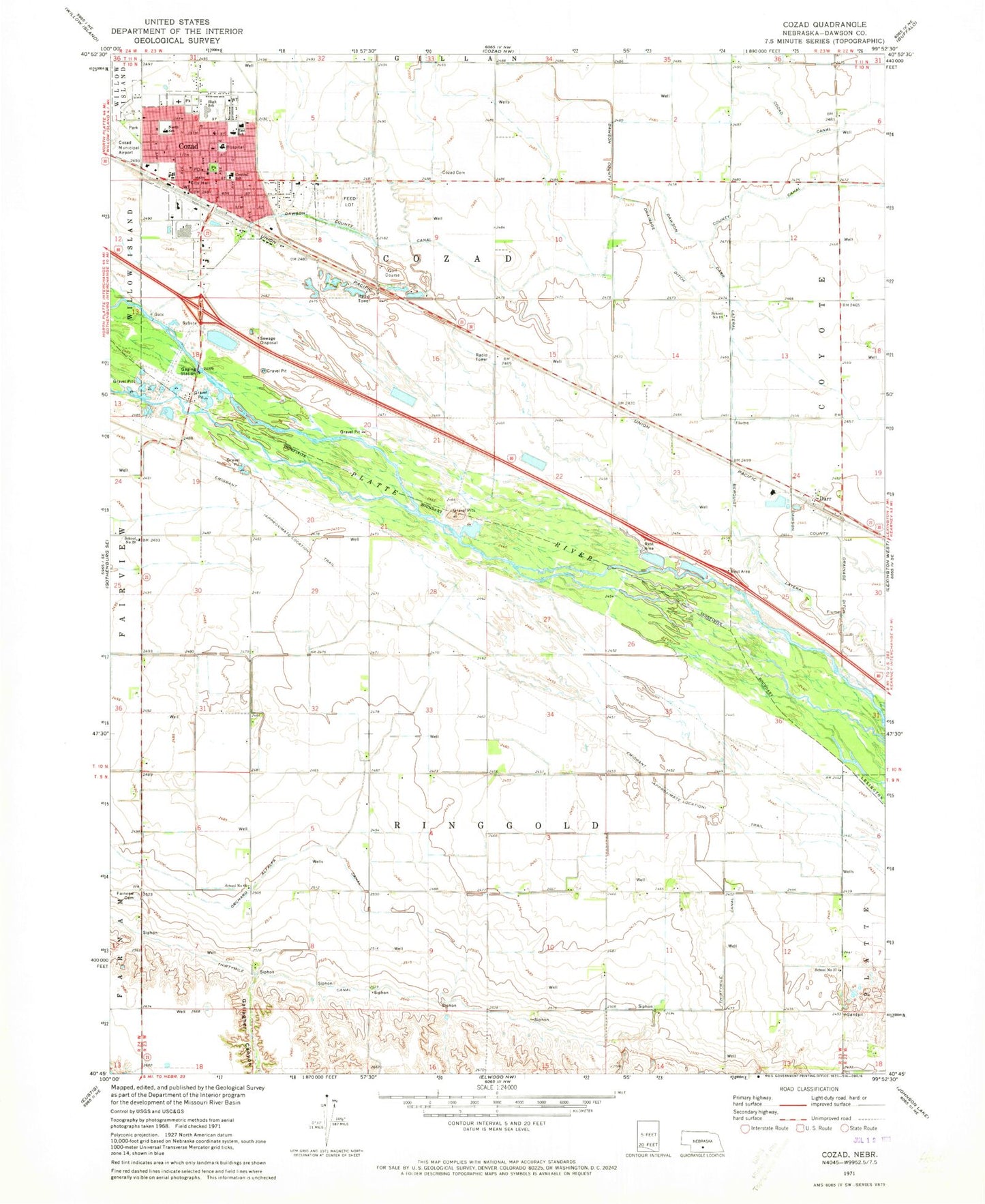 Classic USGS Cozad Nebraska 7.5'x7.5' Topo Map Image
