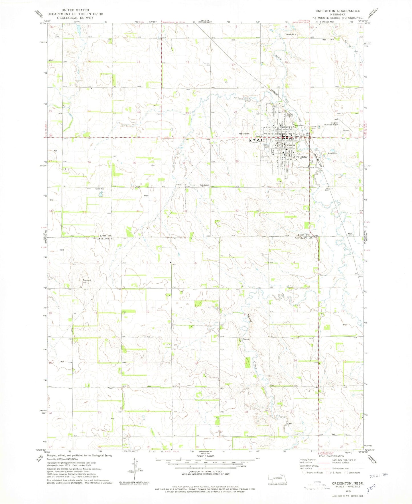 Classic USGS Creighton Nebraska 7.5'x7.5' Topo Map Image