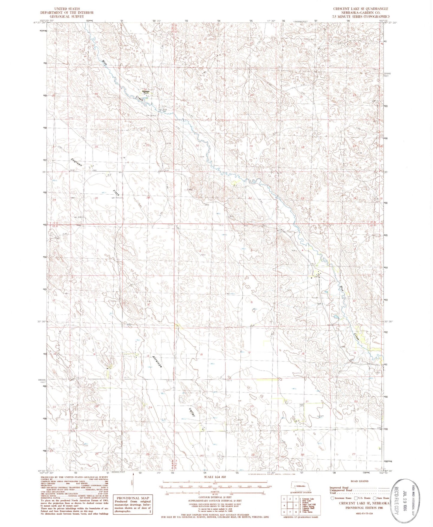 Classic USGS Crescent Lake SE Nebraska 7.5'x7.5' Topo Map Image