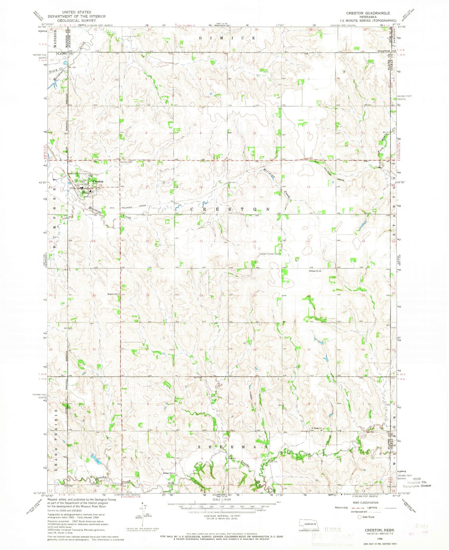 Classic USGS Creston Nebraska 7.5'x7.5' Topo Map Image