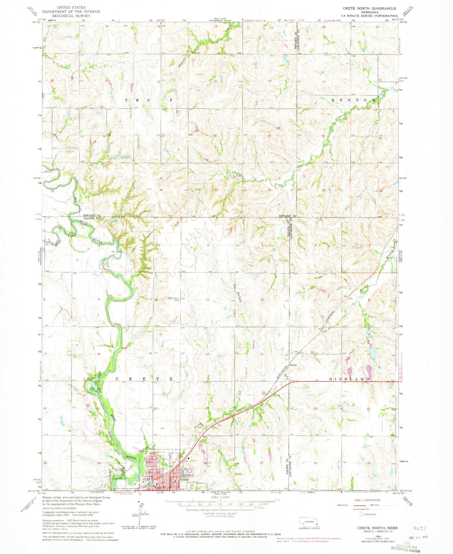 Classic USGS Crete North Nebraska 7.5'x7.5' Topo Map Image