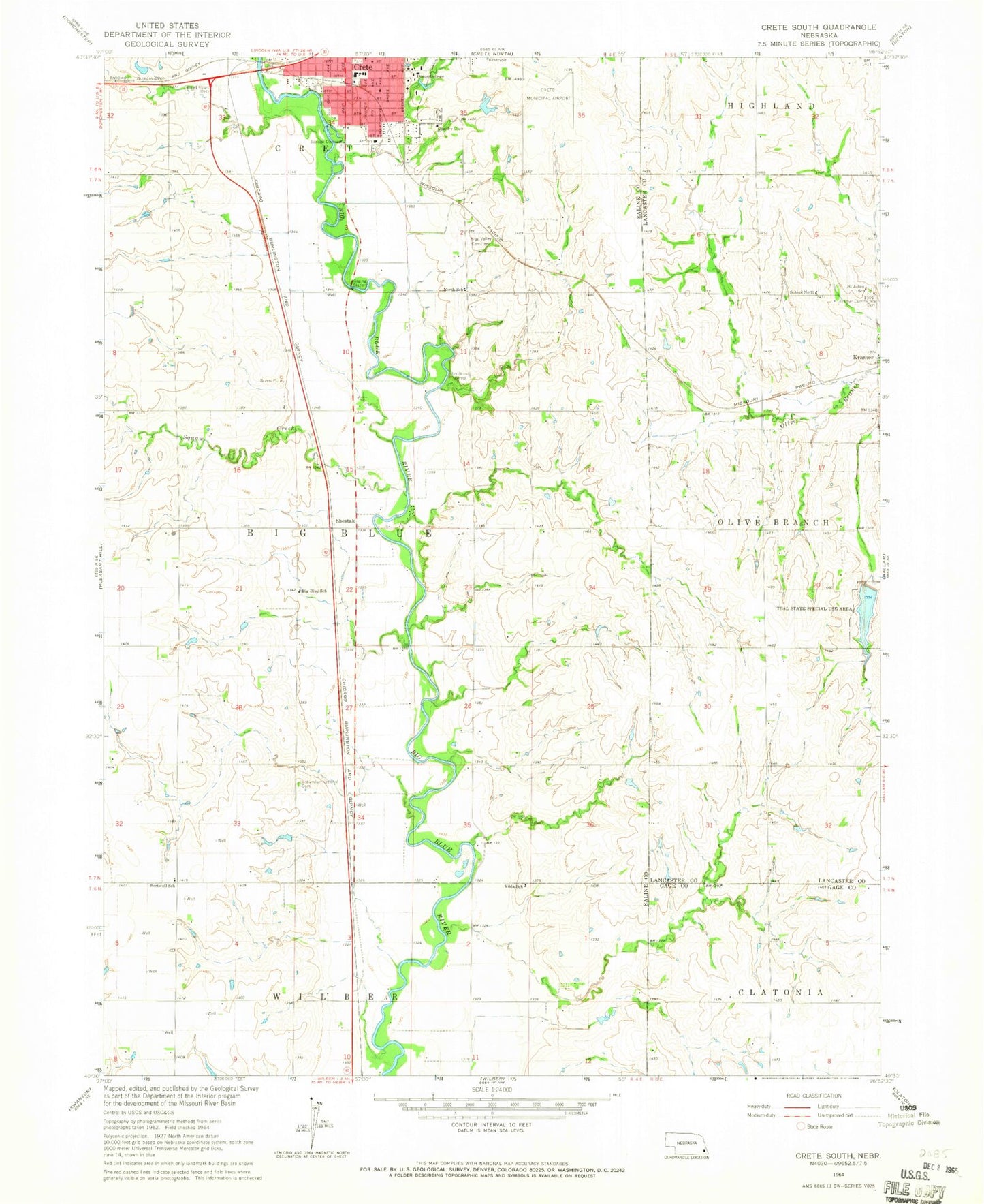 Classic USGS Crete South Nebraska 7.5'x7.5' Topo Map Image