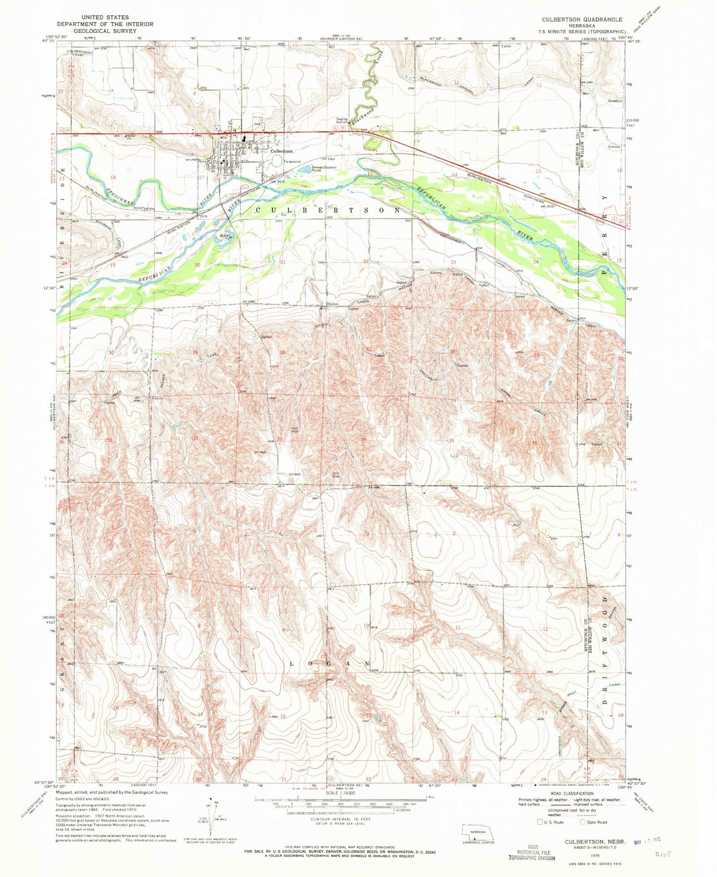 Classic USGS Culbertson Nebraska 7.5'x7.5' Topo Map Image