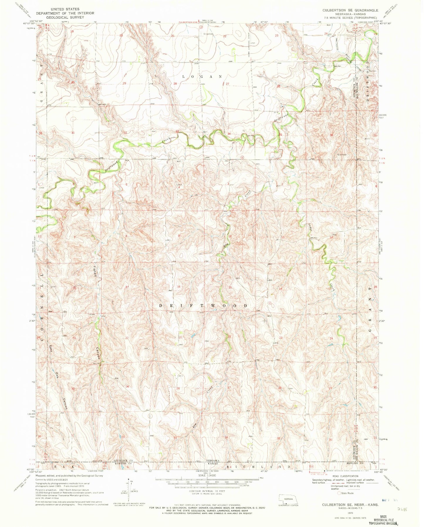 Classic USGS Culbertson SE Nebraska 7.5'x7.5' Topo Map Image