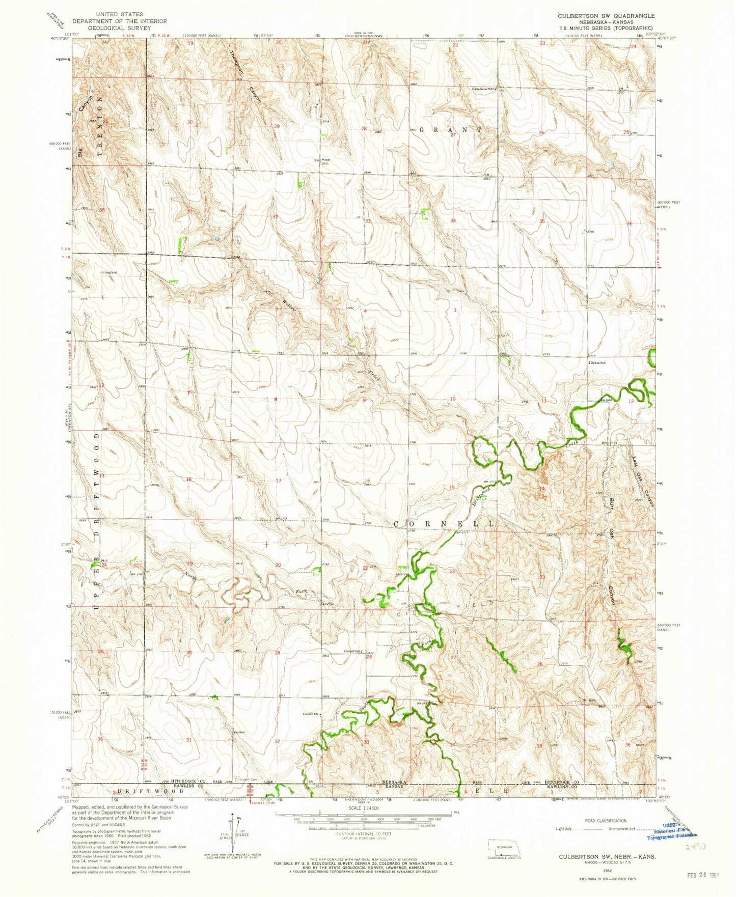Classic USGS Culbertson SW Nebraska 7.5'x7.5' Topo Map Image
