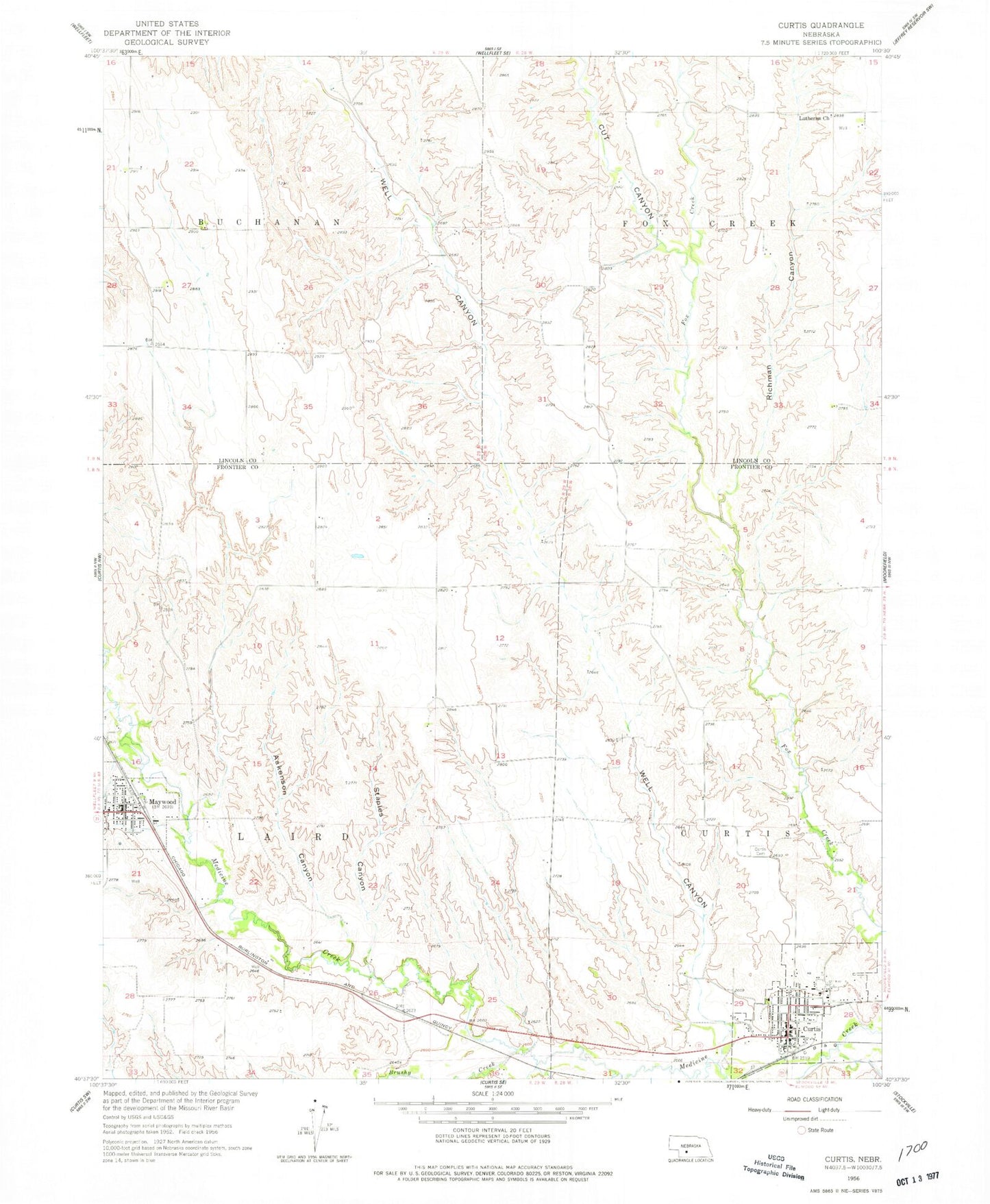 Classic USGS Curtis Nebraska 7.5'x7.5' Topo Map Image