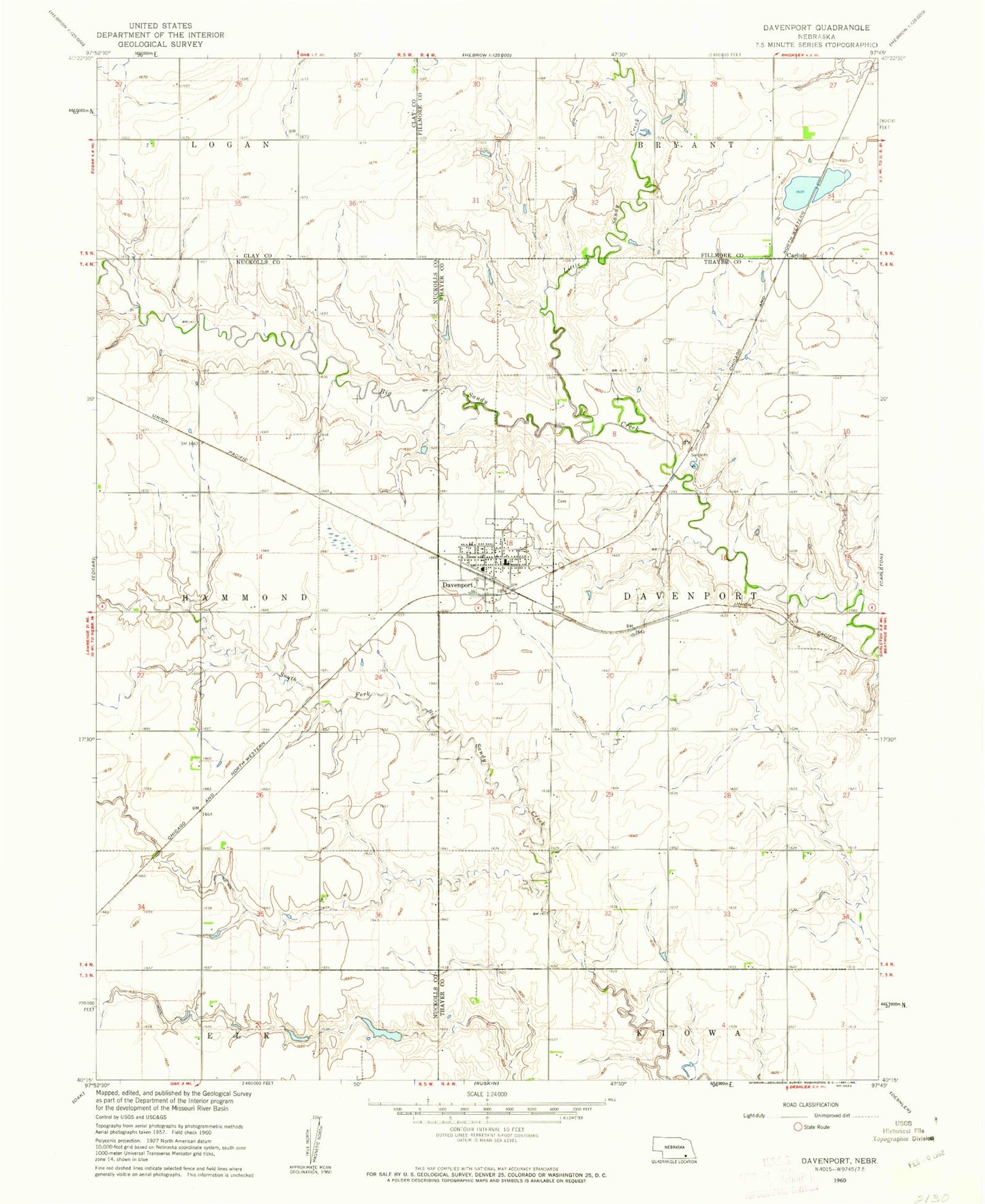 Classic USGS Davenport Nebraska 7.5'x7.5' Topo Map Image