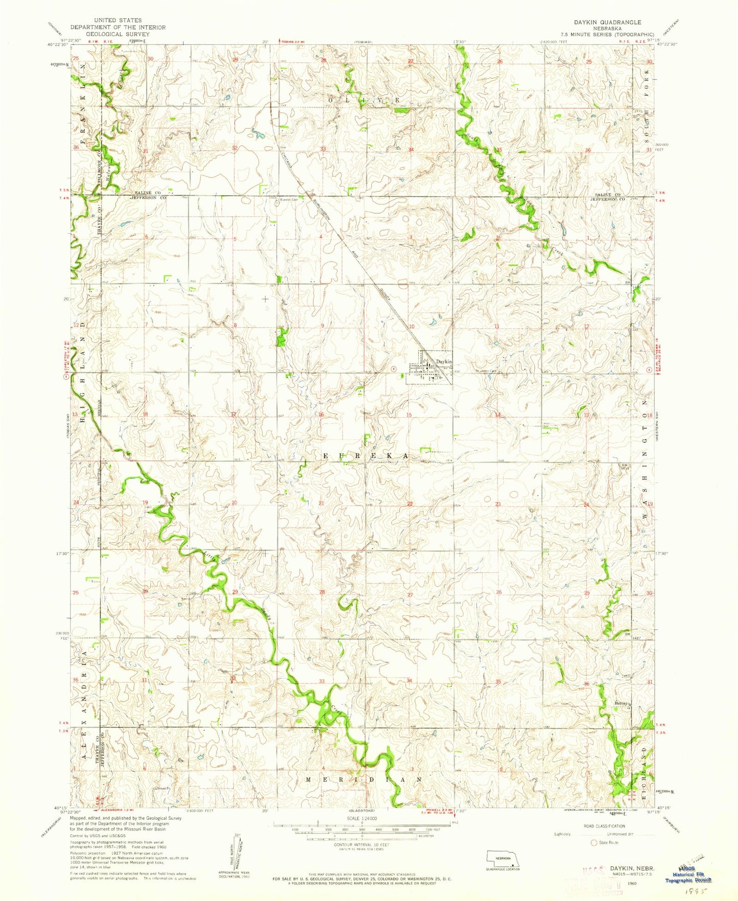 Classic USGS Daykin Nebraska 7.5'x7.5' Topo Map Image