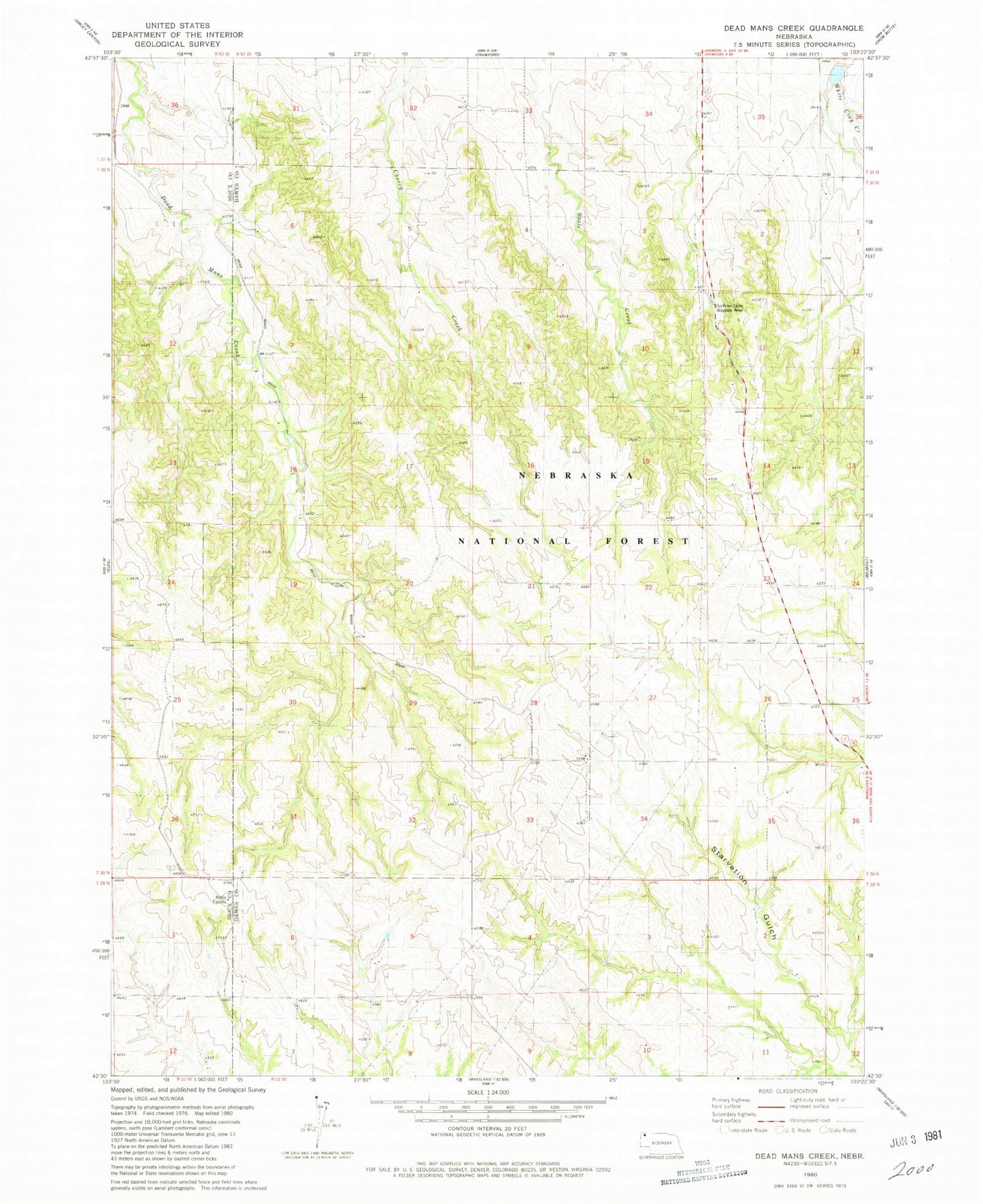 Classic USGS Dead Mans Creek Nebraska 7.5'x7.5' Topo Map Image