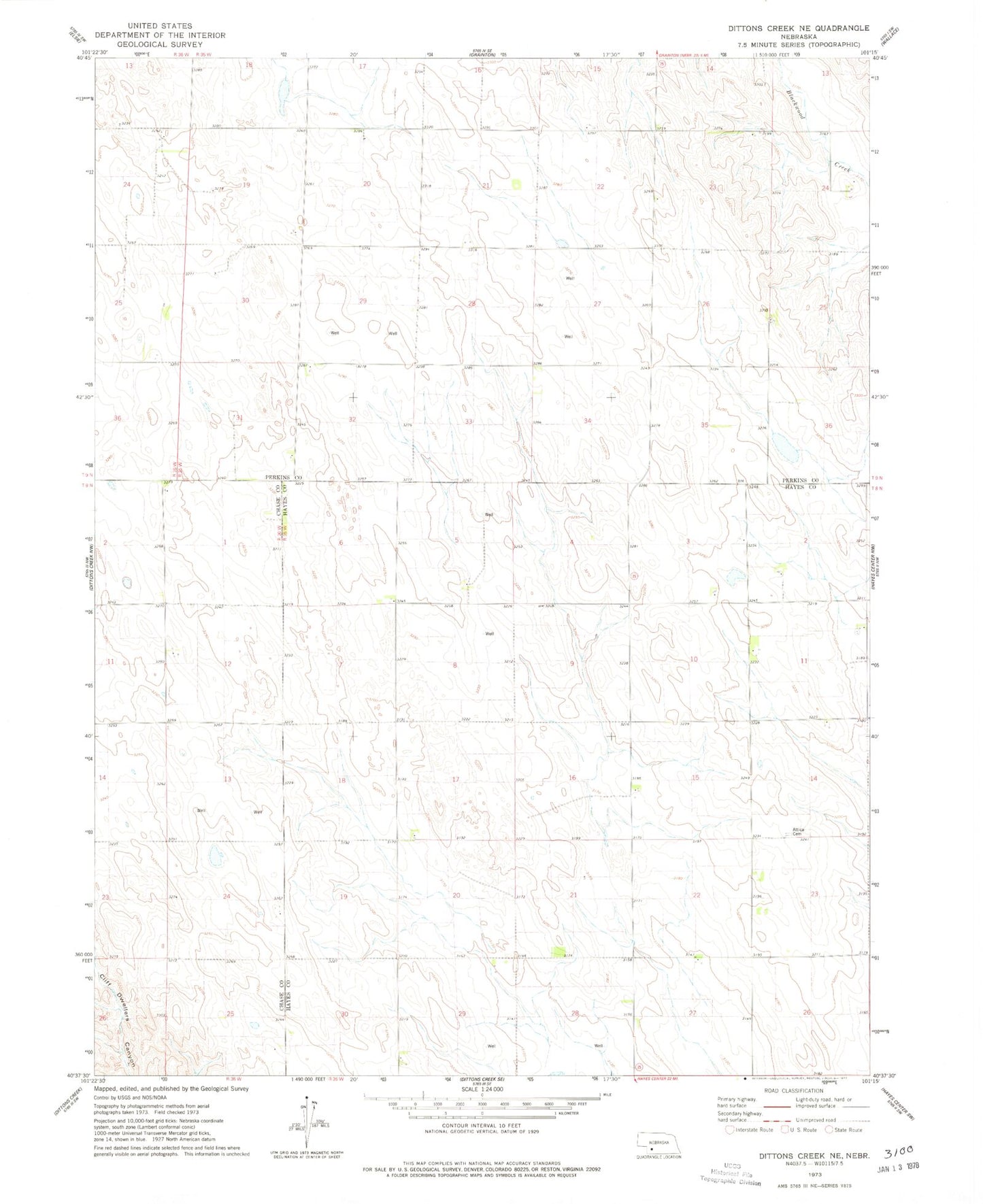 Classic USGS Dittons Creek NE Nebraska 7.5'x7.5' Topo Map Image