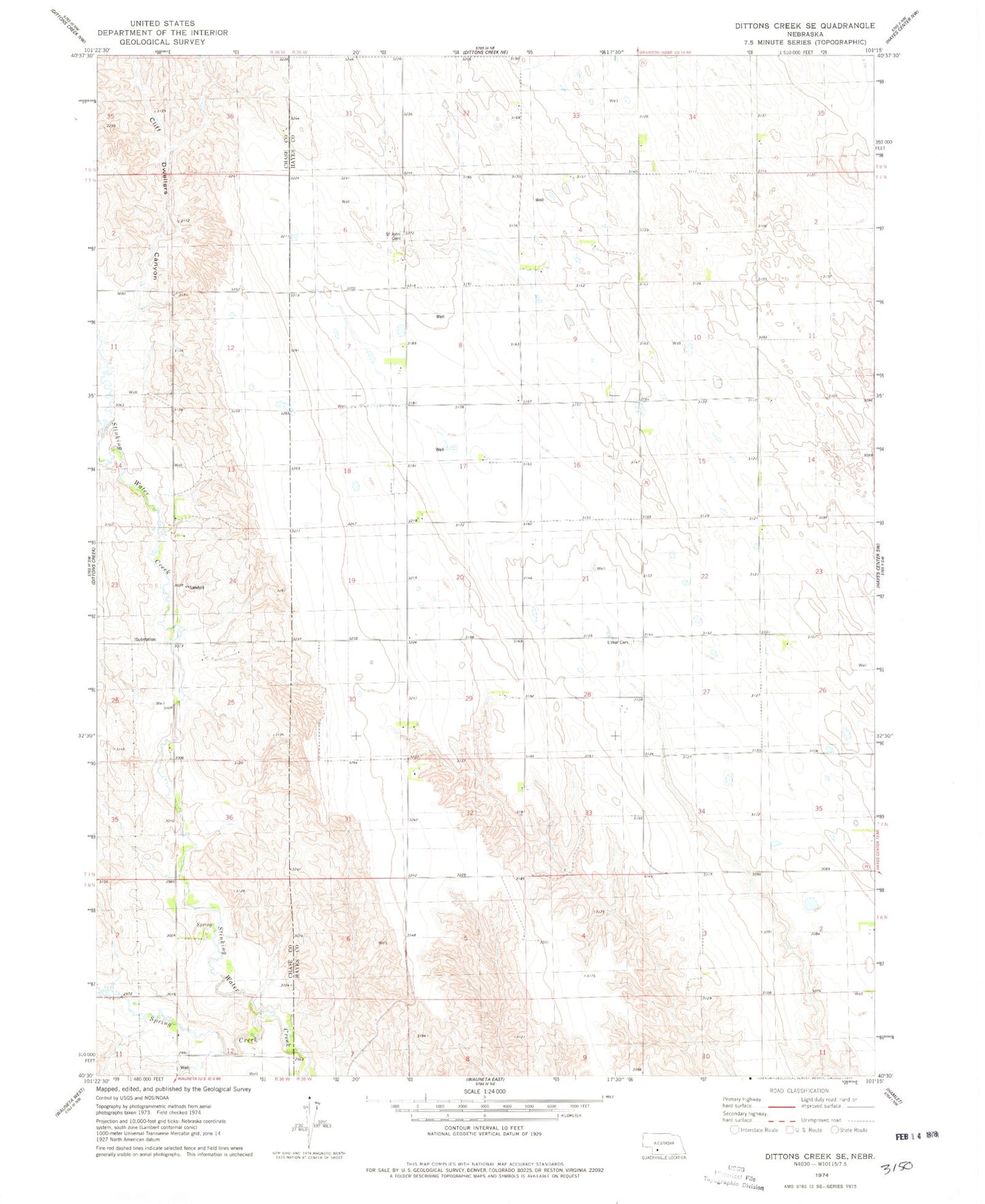 Classic USGS Dittons Creek SE Nebraska 7.5'x7.5' Topo Map Image